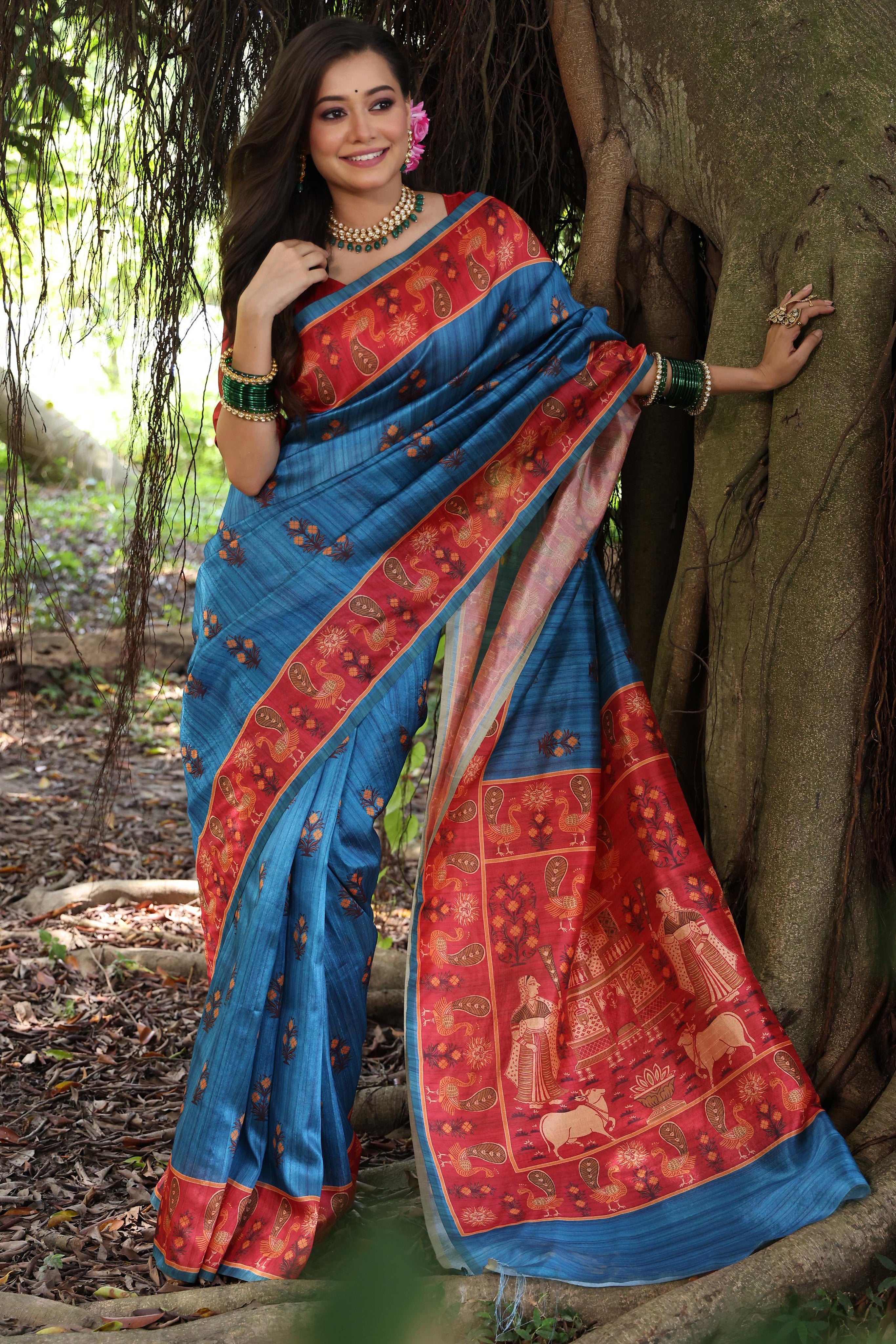Classic Blue Tussar Silk Saree with Designer Printed Pattern