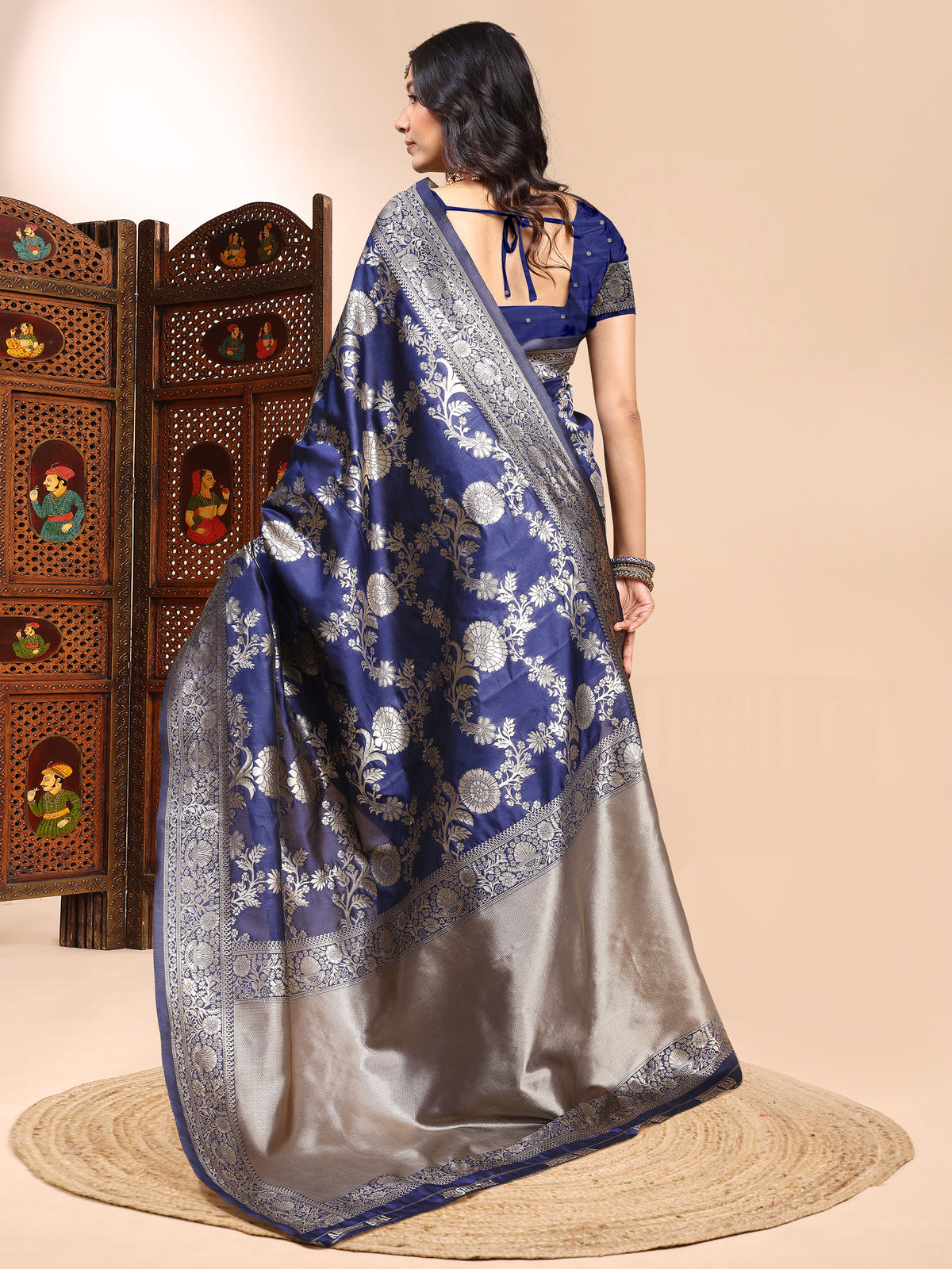 Classic Navy Blue Lichi Silk Saree with Designer Zari Work