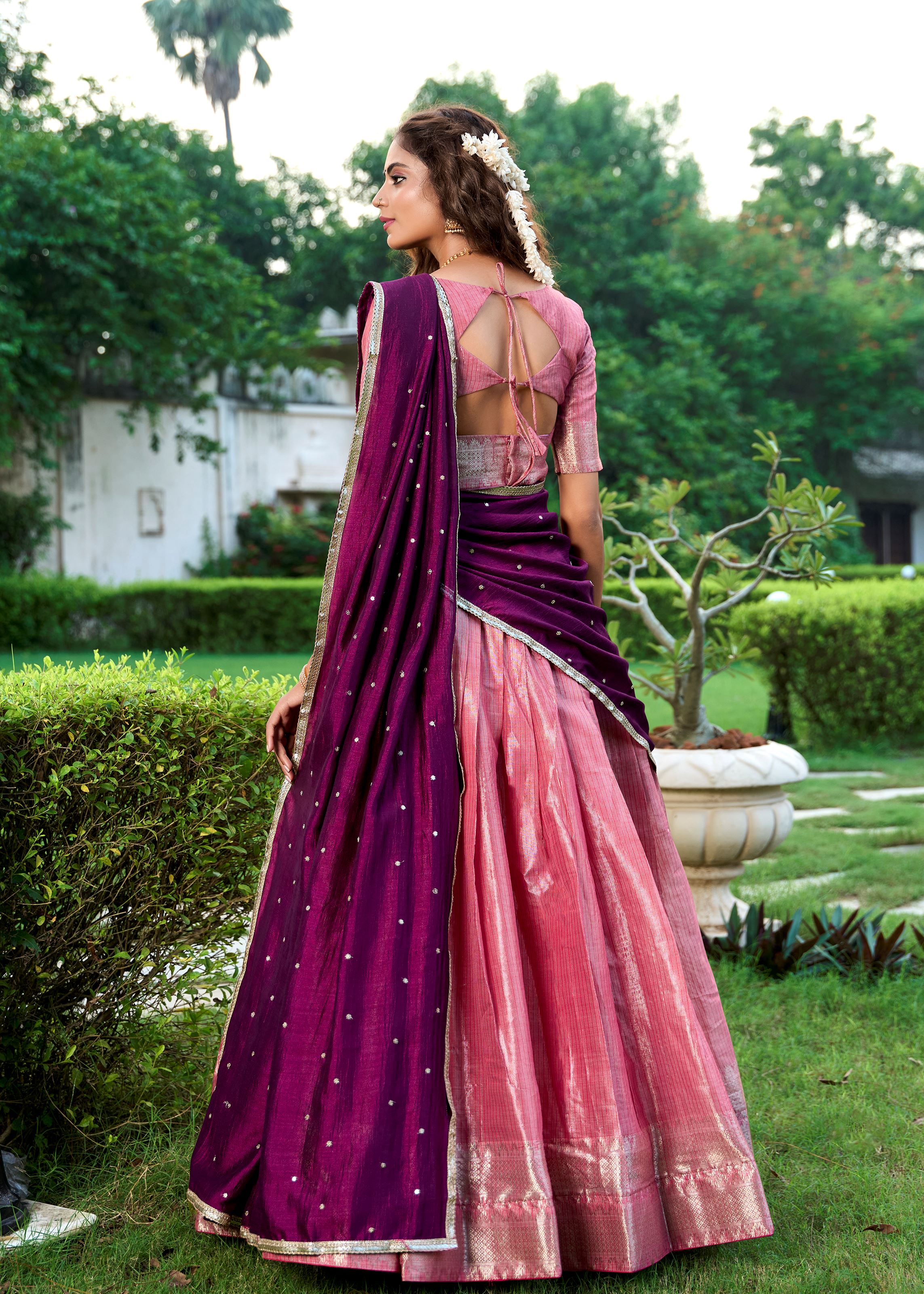 Classic Salmon Elegance With A Touch Of Tradition  Kanchipuram Lehenga