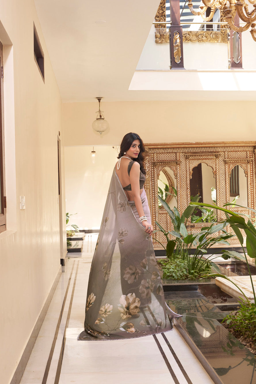 Cofee Floral Marble Saree with Lace Border