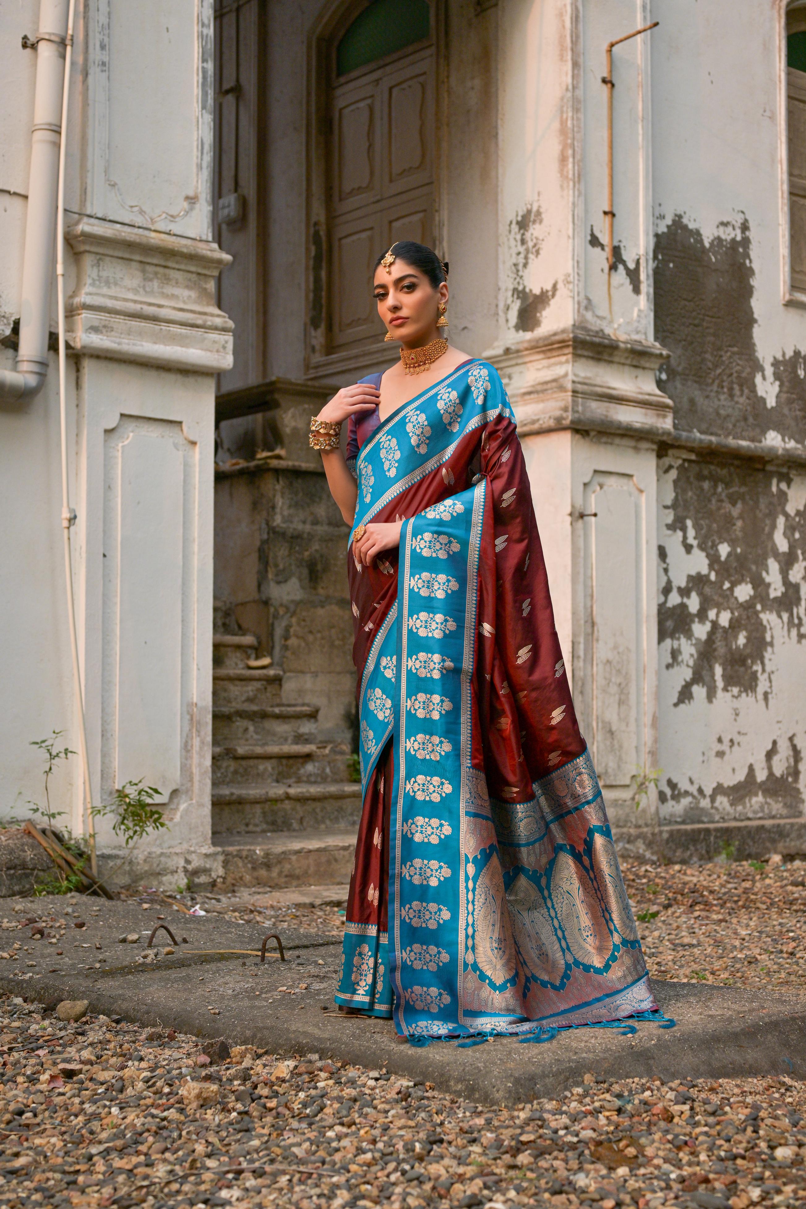 Coffee Banarasi Silk Woven Jari Designer Heavy Rich Looks Ceremonial Saree