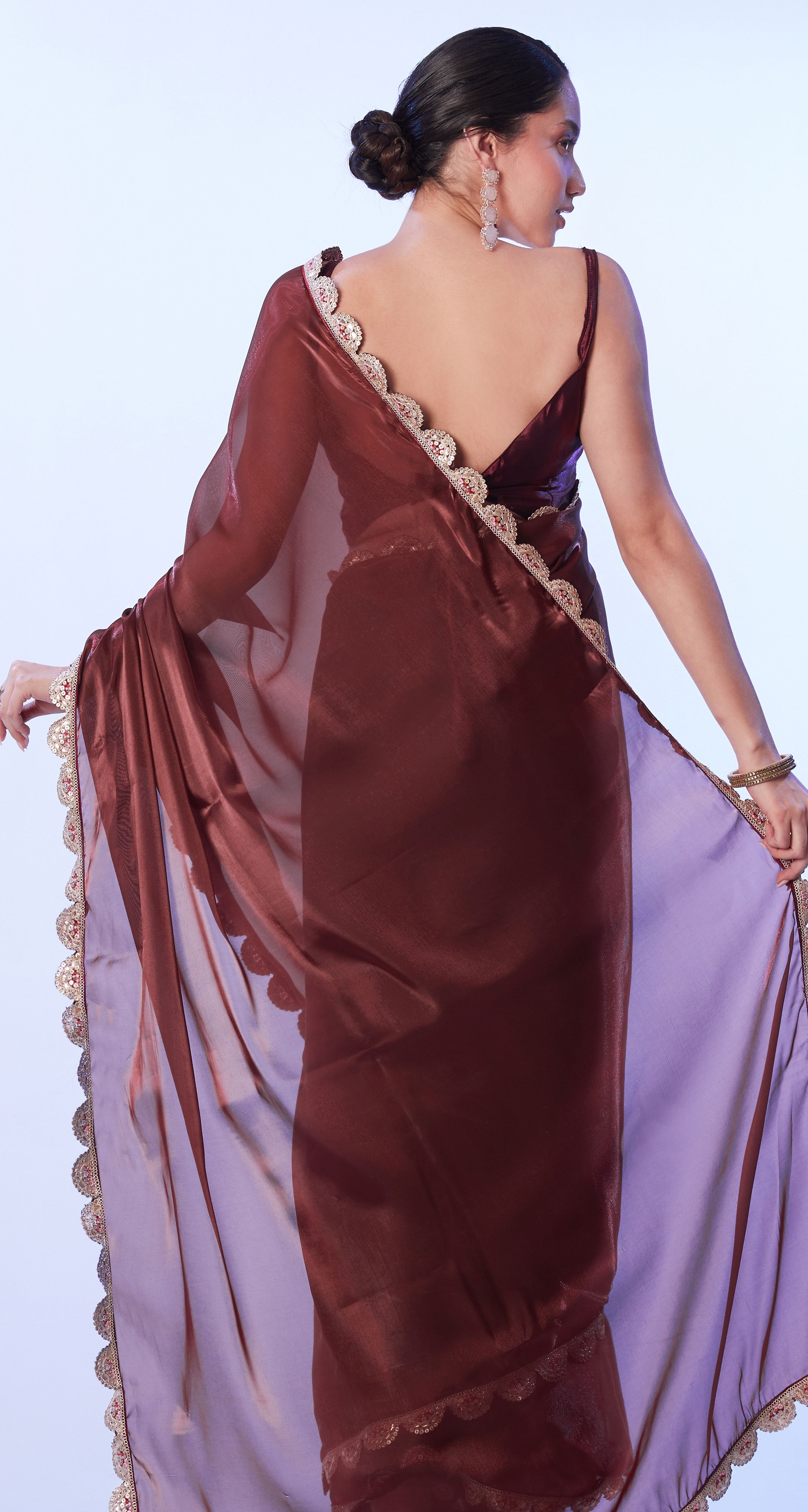Coffee Beautiful Brown Satin Solid Designer Bollywood Party Saree