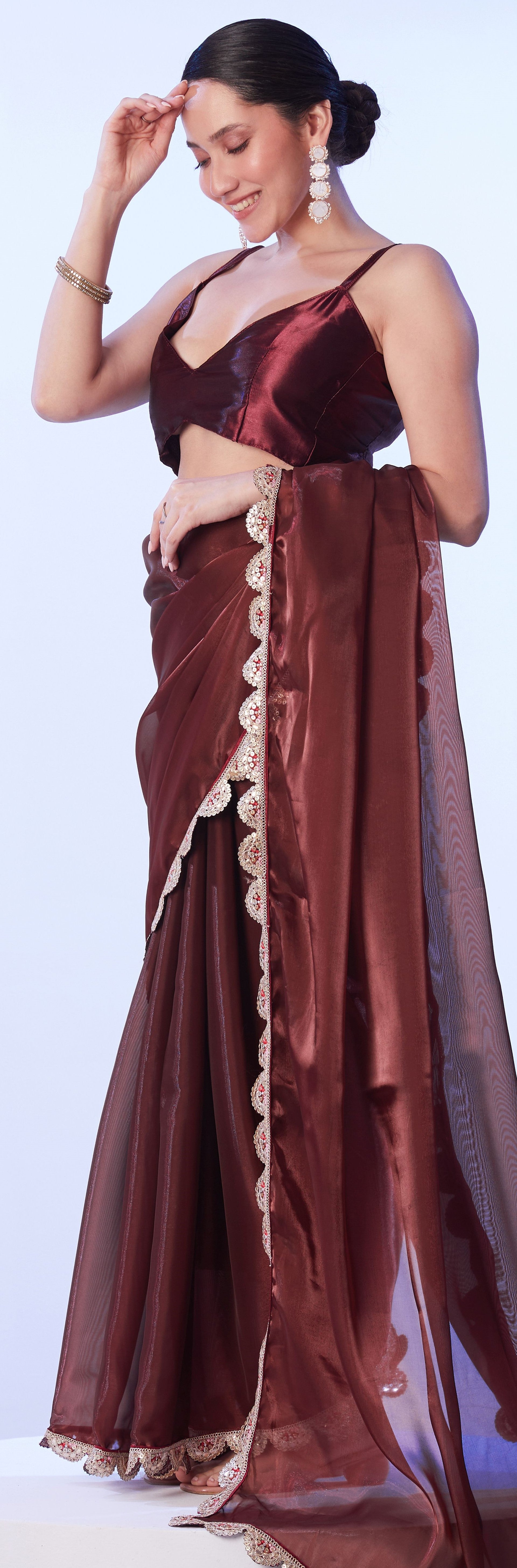 Coffee Beautiful Brown Satin Solid Designer Bollywood Party Saree