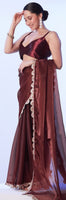 Coffee Beautiful Brown Satin Solid Designer Bollywood Party Saree
