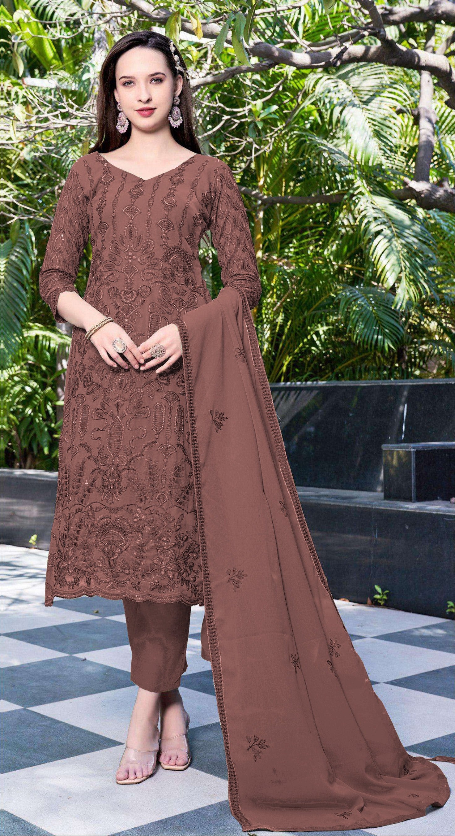 Coffee Heavy Designer Suit With Heavy Embroidery Work