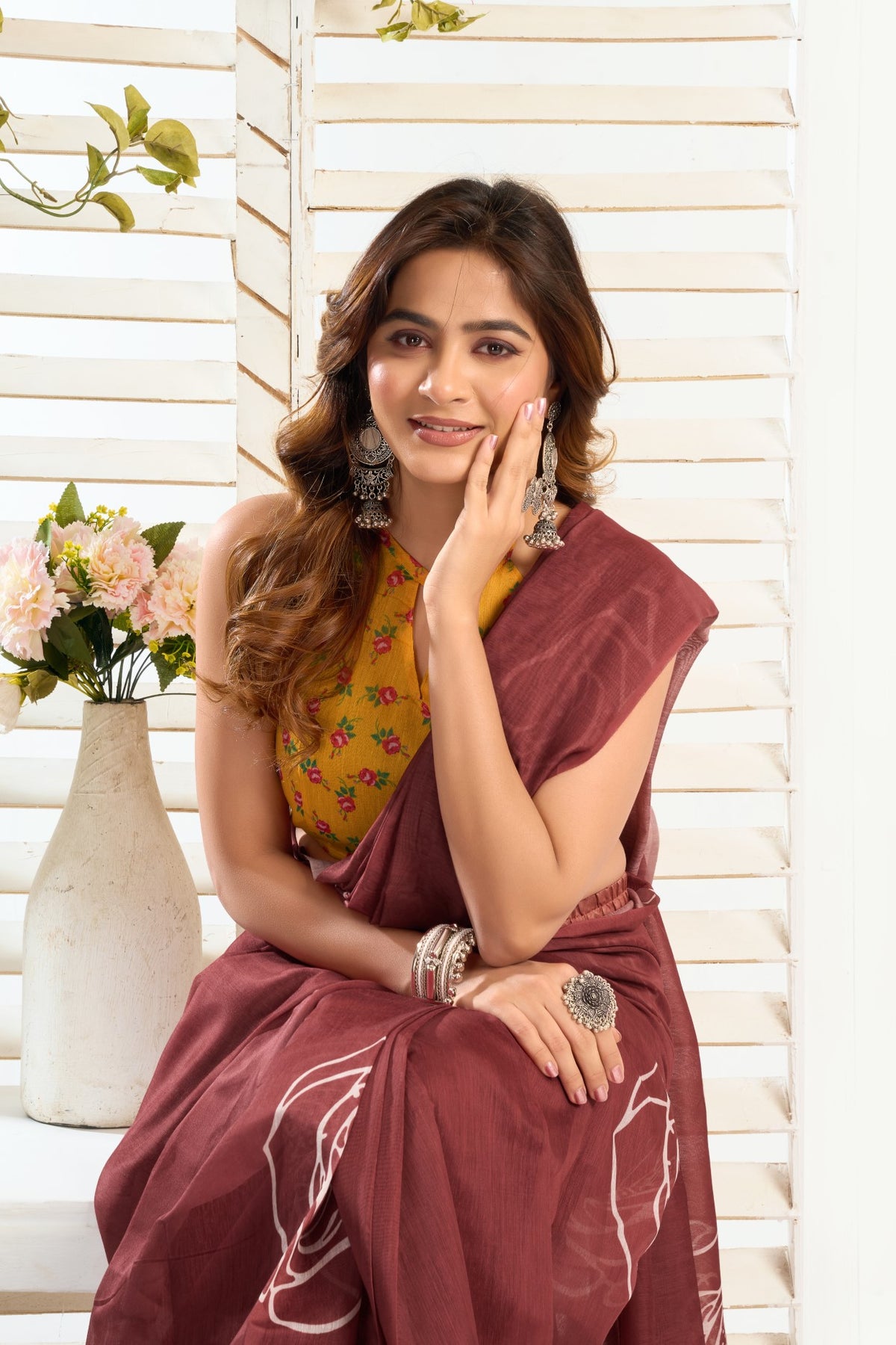 Coffee Linen Ready To Wear Saree With Zari Border Printed
