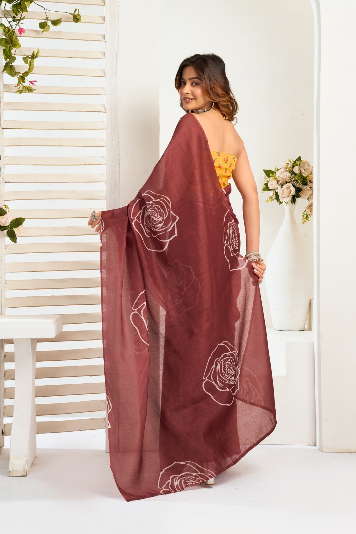 Coffee Linen Ready To Wear Saree With Zari Border Printed