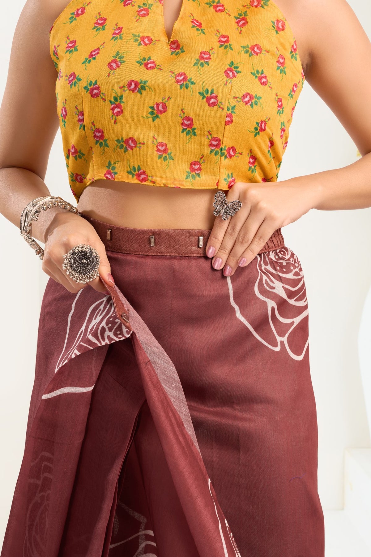 Coffee Linen Ready To Wear Saree With Zari Border Printed