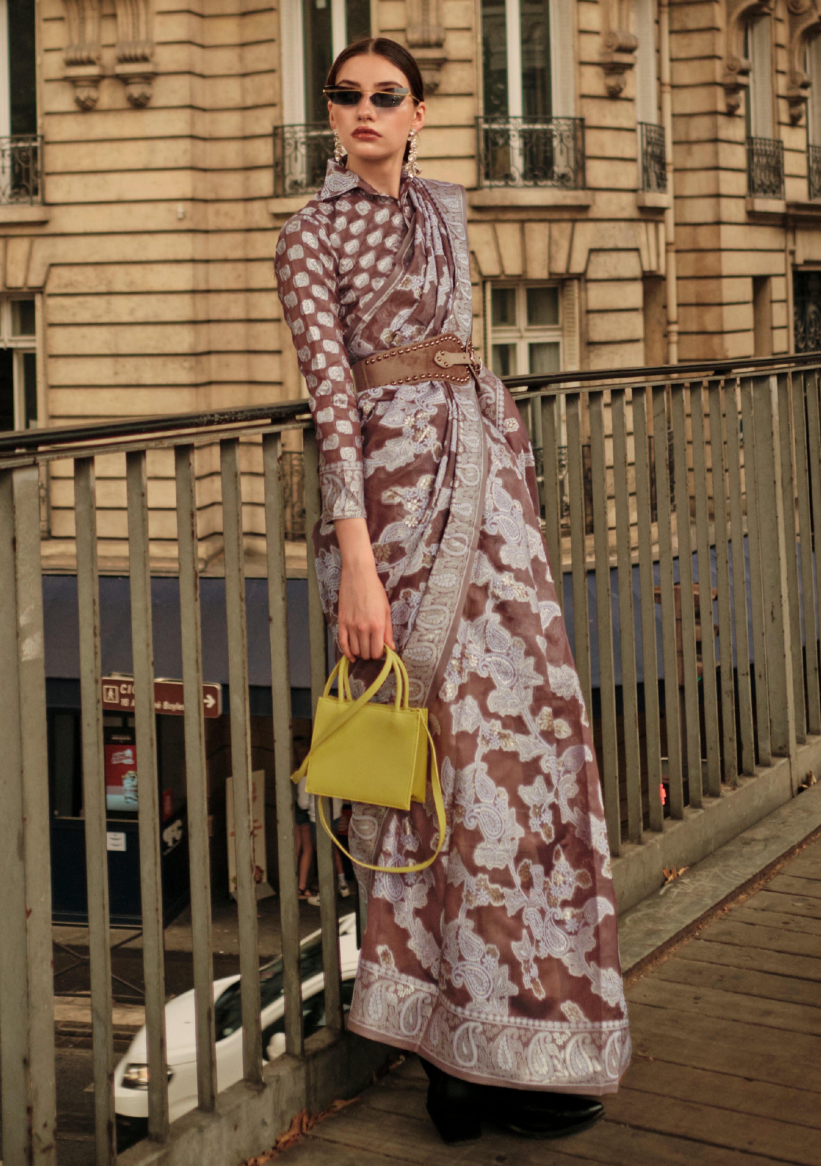 Coffee Organza Saree With Jacquard Woven Chikankari Work