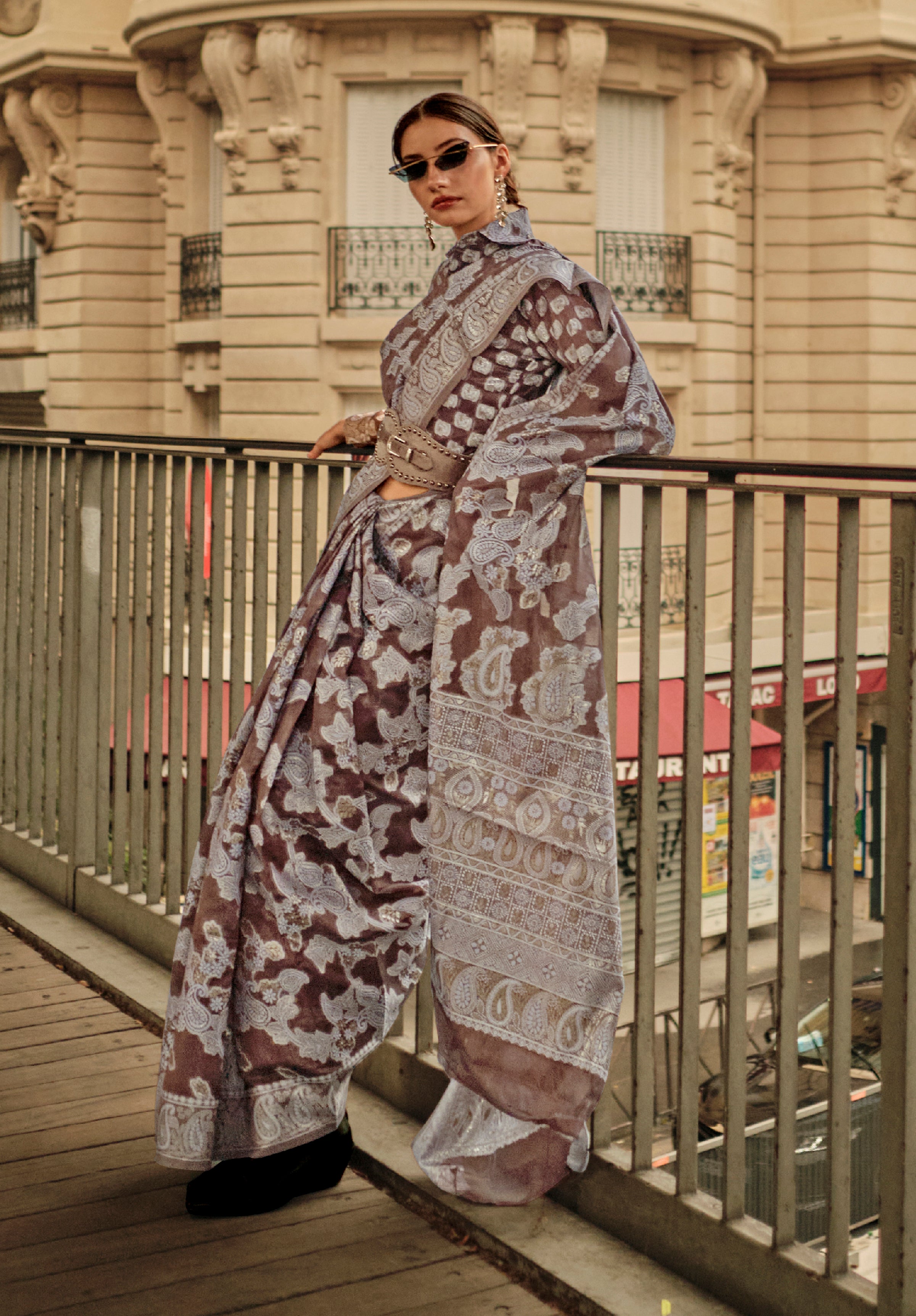 Coffee Organza Saree With Jacquard Woven Chikankari Work