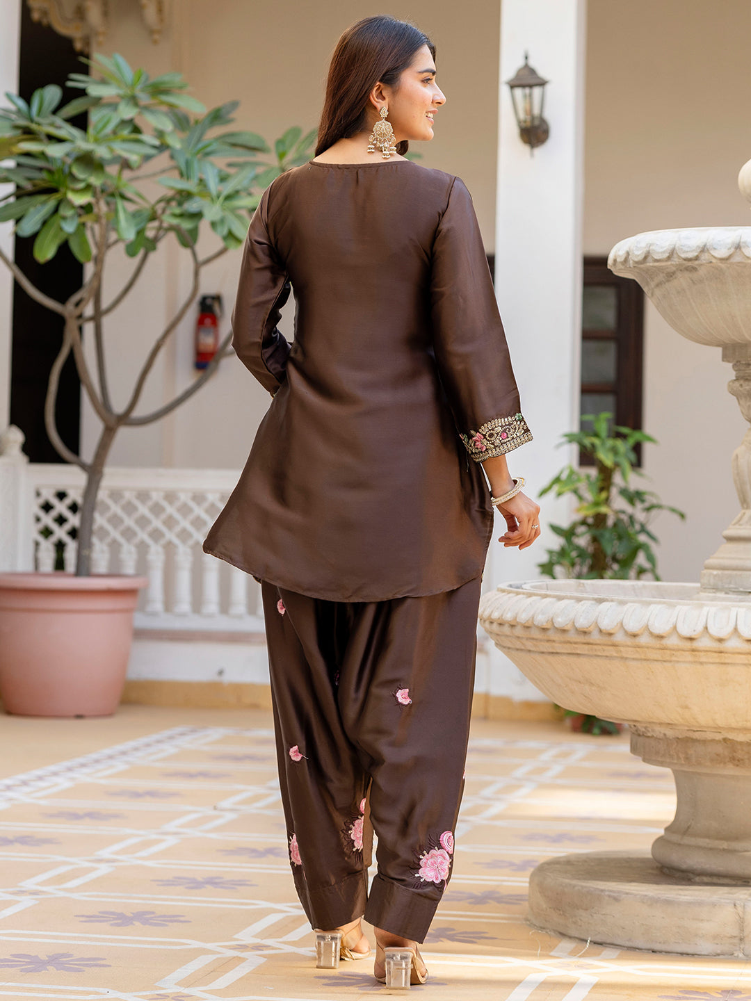 Coffee Satin Kurta Patiala Pant Set With Heavy Thread Embroidery Sequins Work