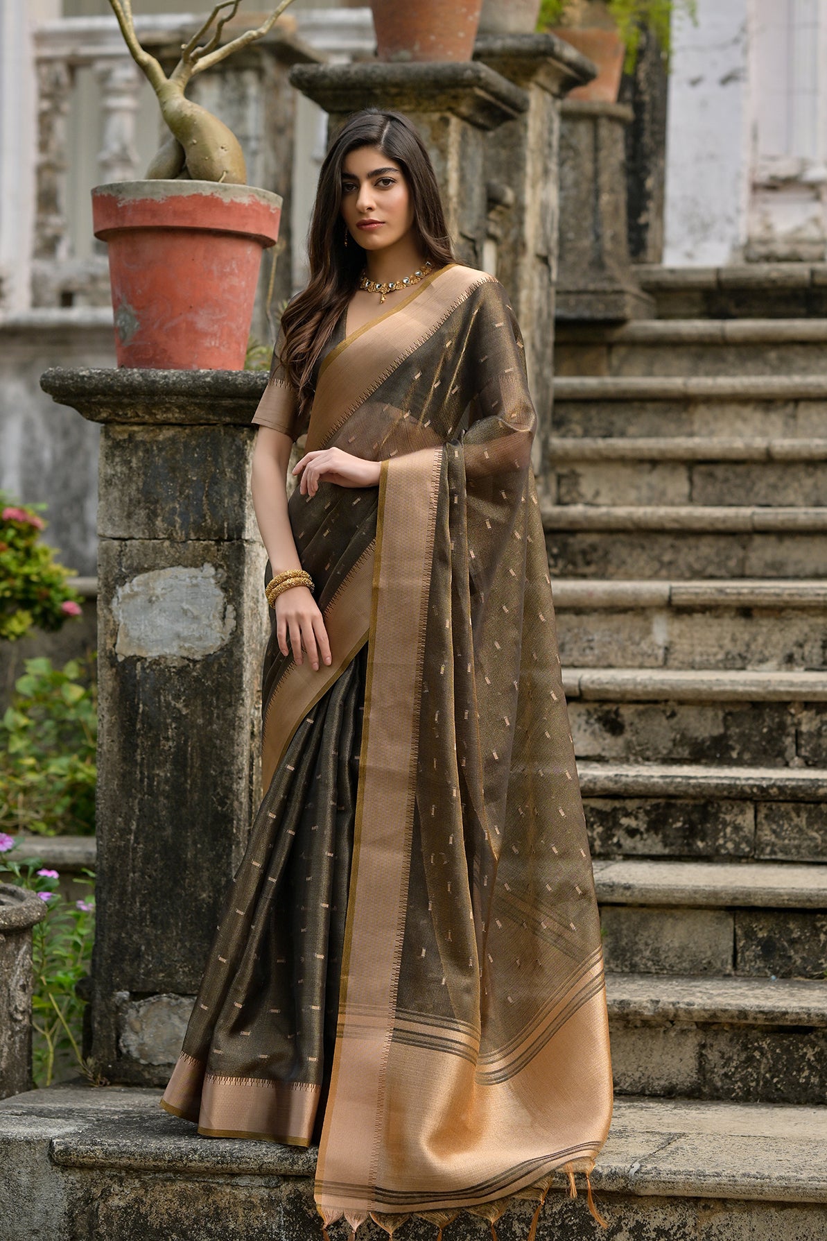 Coffee Soft Tussar Silk Saree with Butti and Zari Pallu