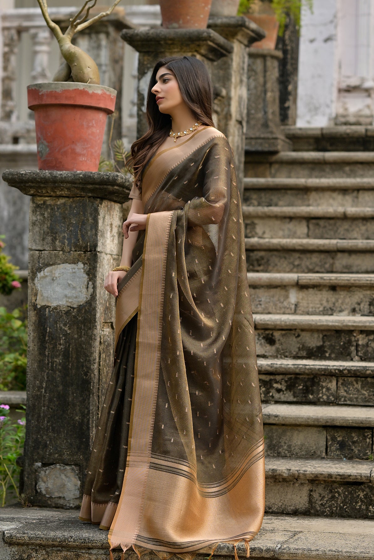 Coffee Soft Tussar Silk Saree with Butti and Zari Pallu