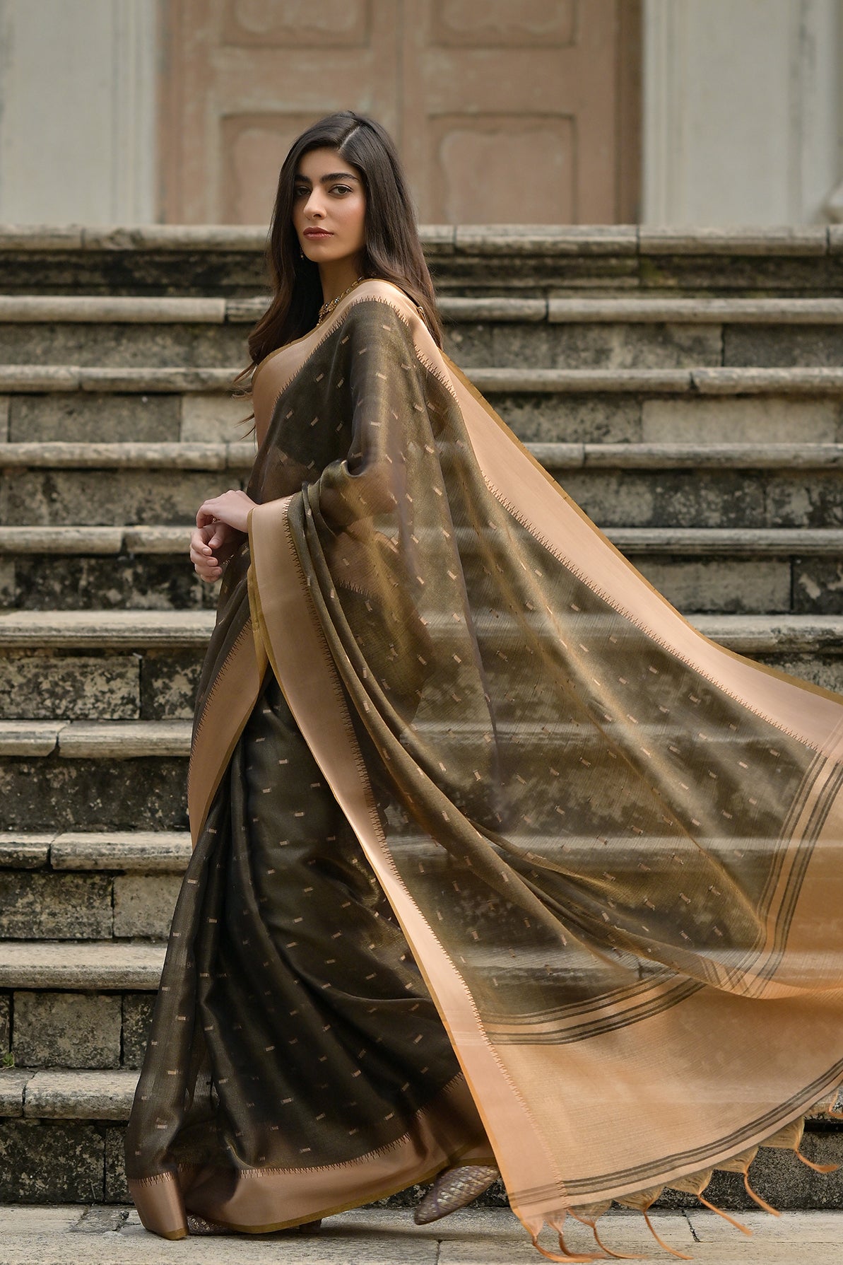 Coffee Soft Tussar Silk Saree with Butti and Zari Pallu
