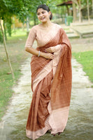 Coffee Tussar Silk Saree with Checks and Contrast Pallu