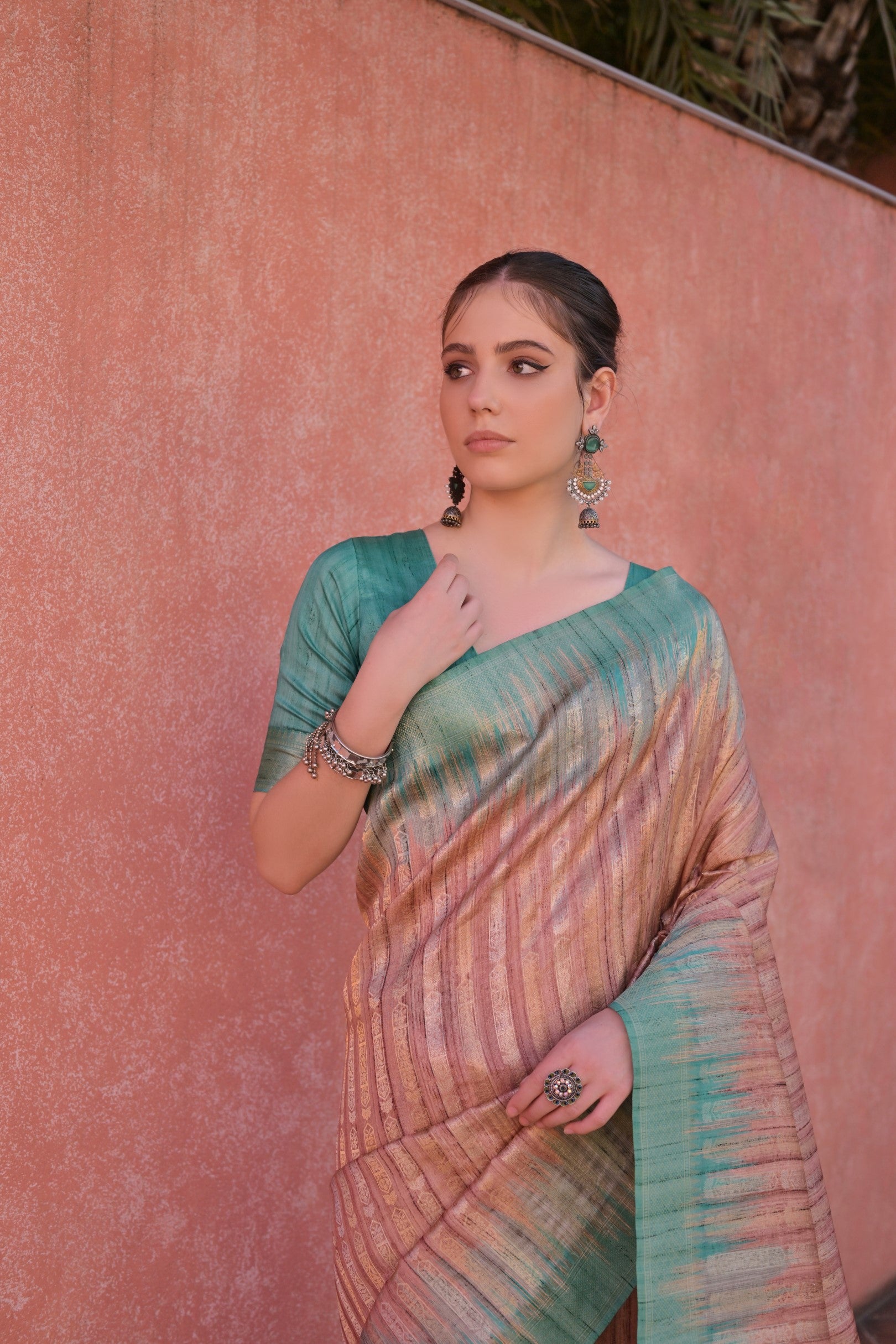 Coffee Tussar Silk Saree with Ethnic Motifs and Contrast Pallu