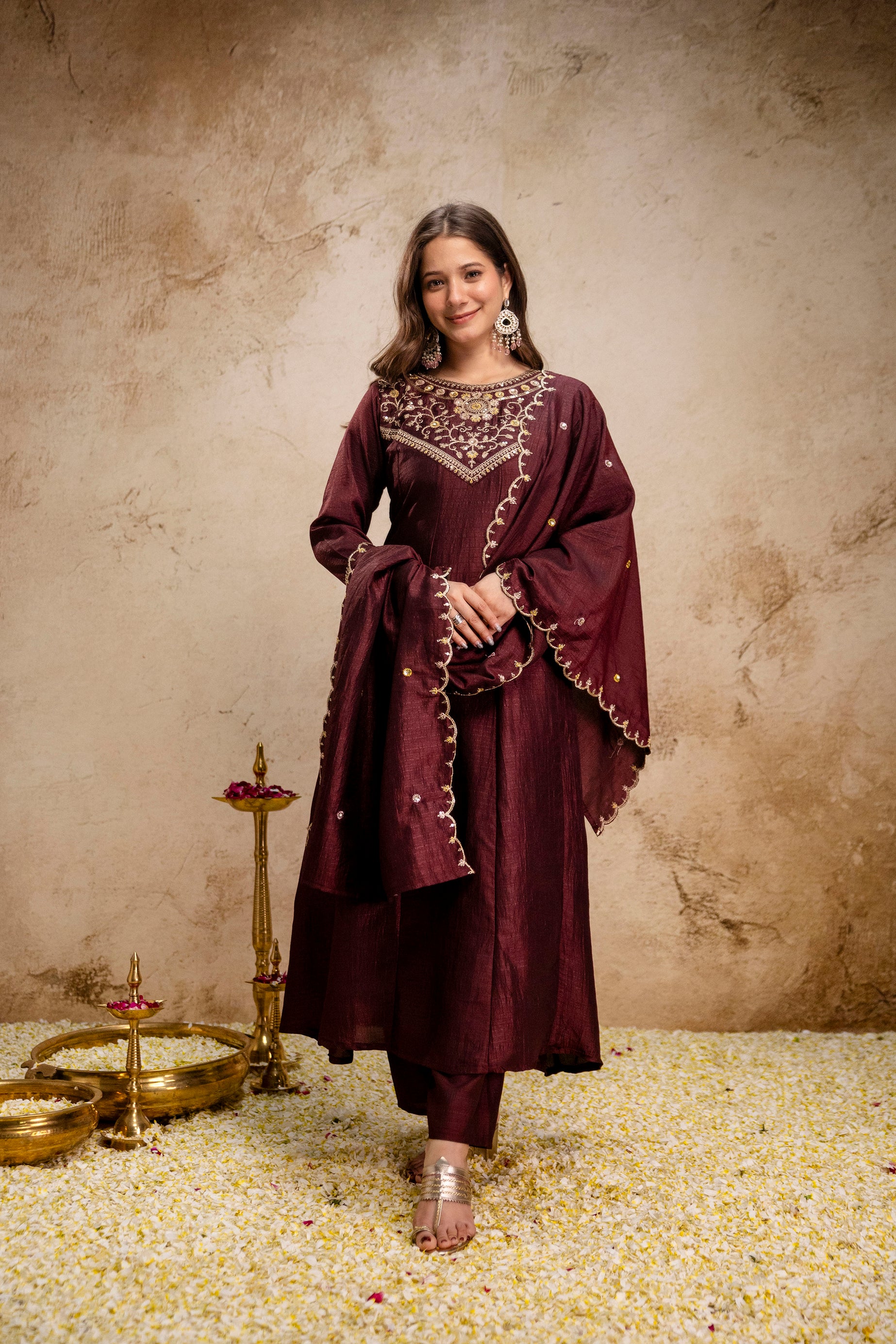 Coffee Vichitra Silk Kurta Pant Set With Heavy Thread Embroidery Work
