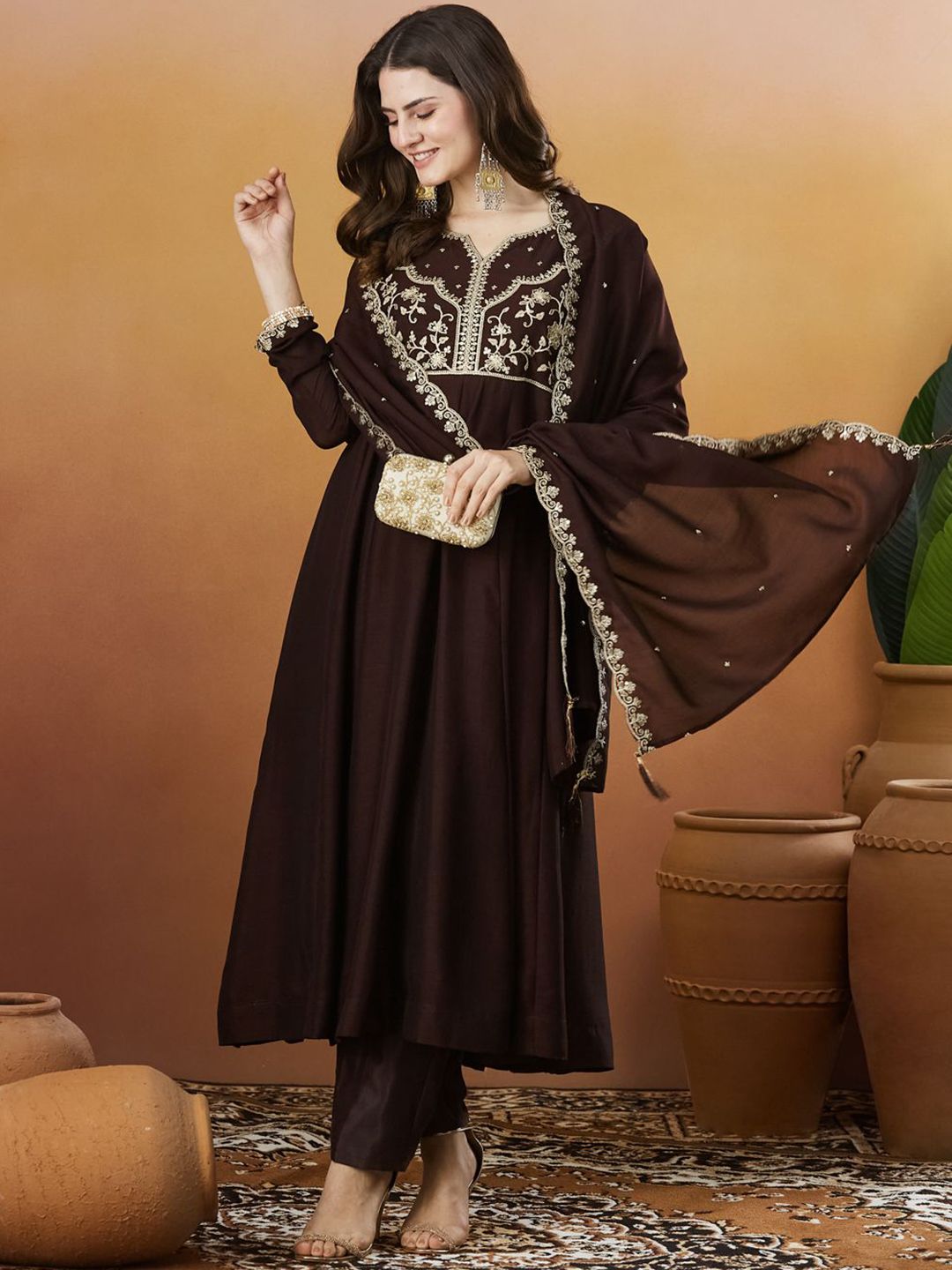 Coffee Vichitra Silk Kurta Pant Set With Heavy Thread Embroidery Work