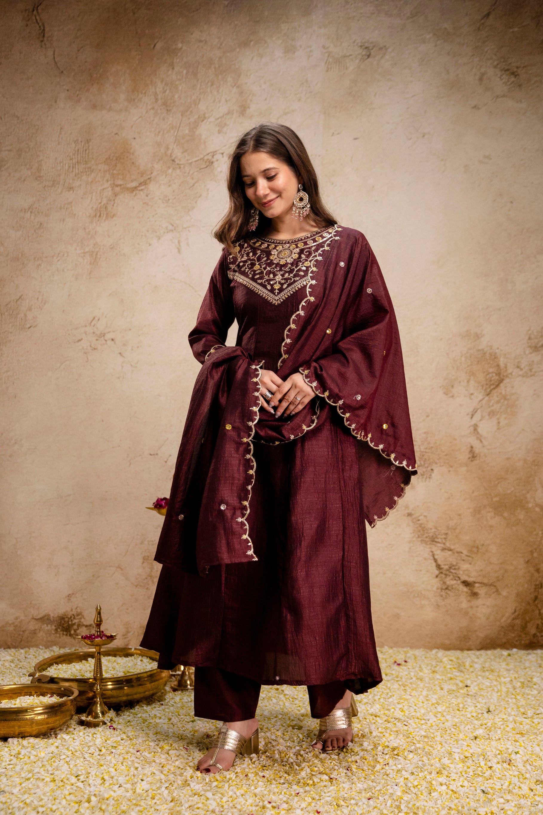 Coffee Vichitra Silk Kurta Pant Set With Heavy Thread Embroidery Work