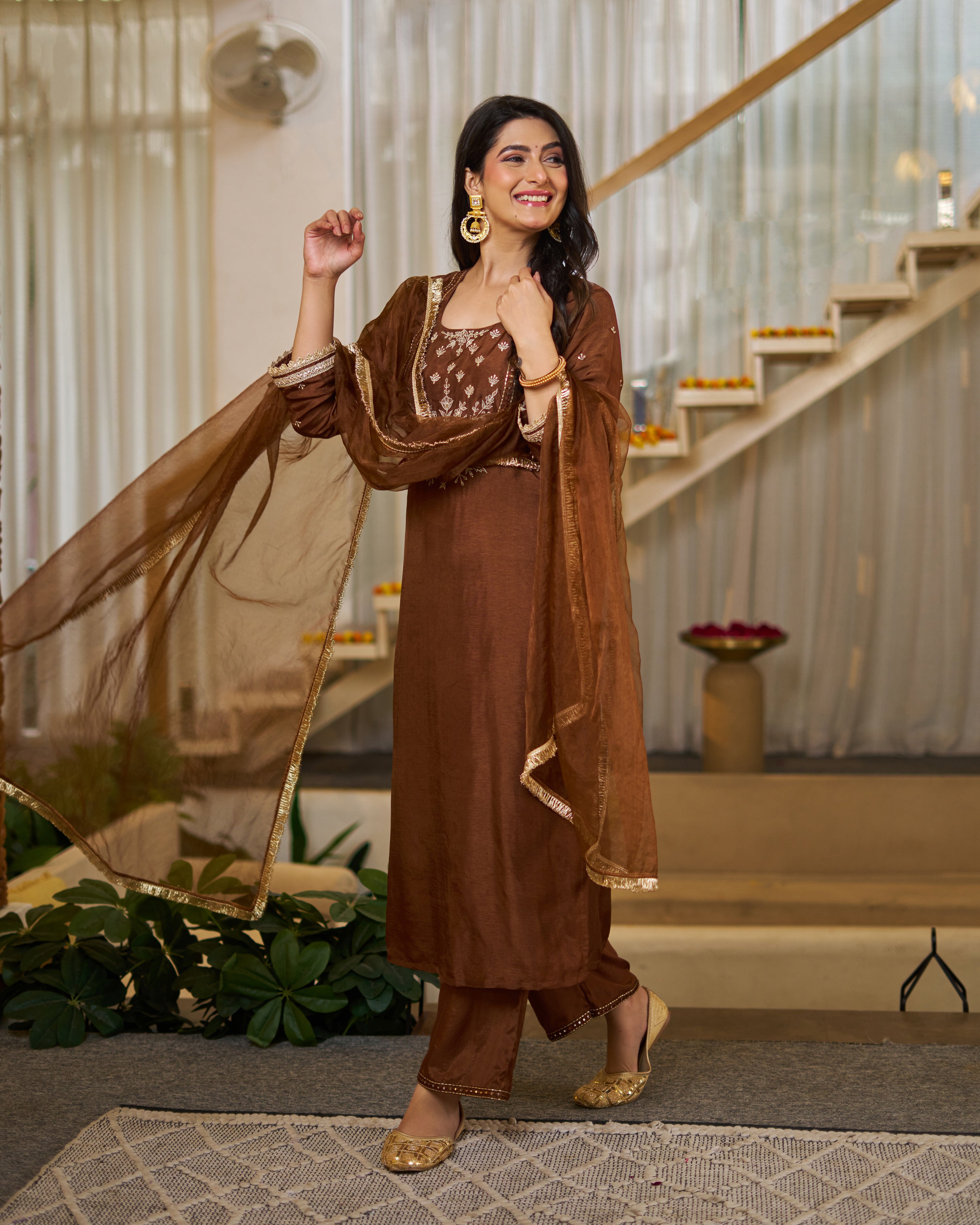 Coffee Vichitra Silk Kurta Pant Set With Heavy Thread Embroidery Work