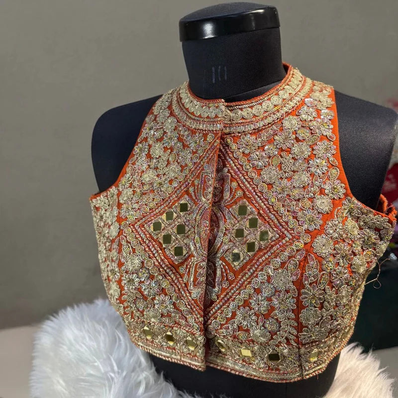 Copper Designer Roman Silk Halter Neck Blouse with Real Mirror Work