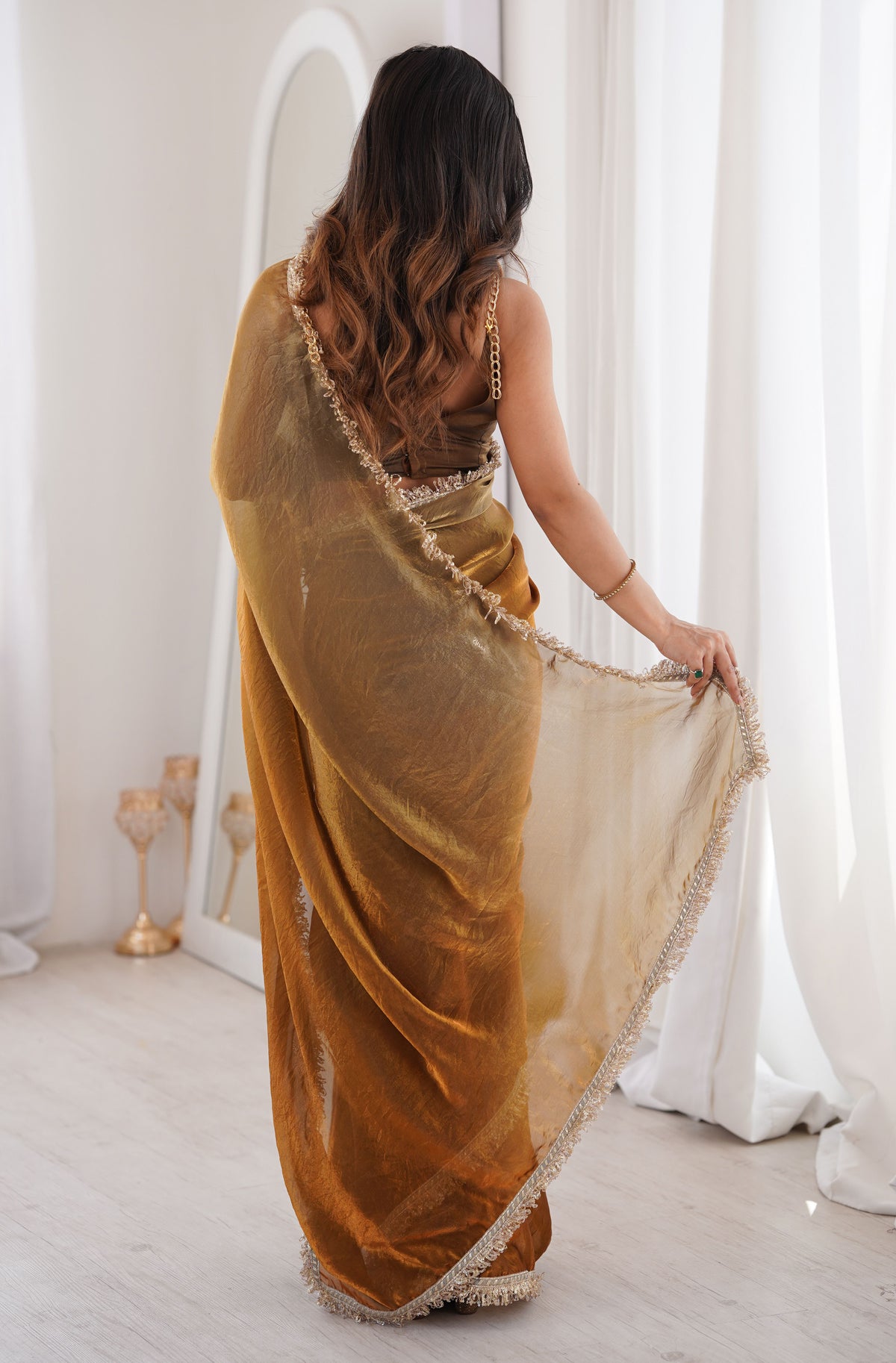 Copper Fendi Satin Saree with Designer Double Shaded Zari Work