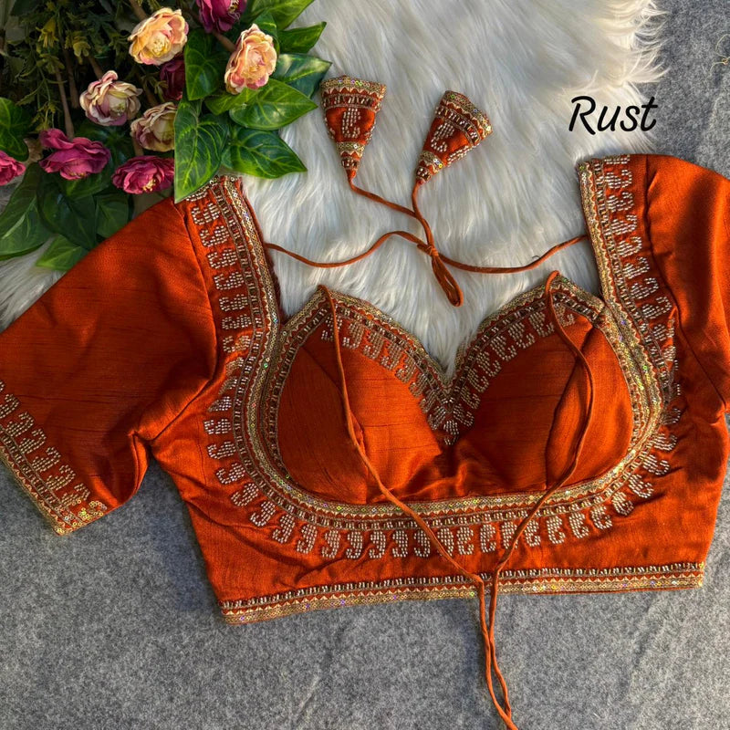 Copper Glow Royal Beads Work Bridal Blouse  Italian Silk Designer Couture Wear
