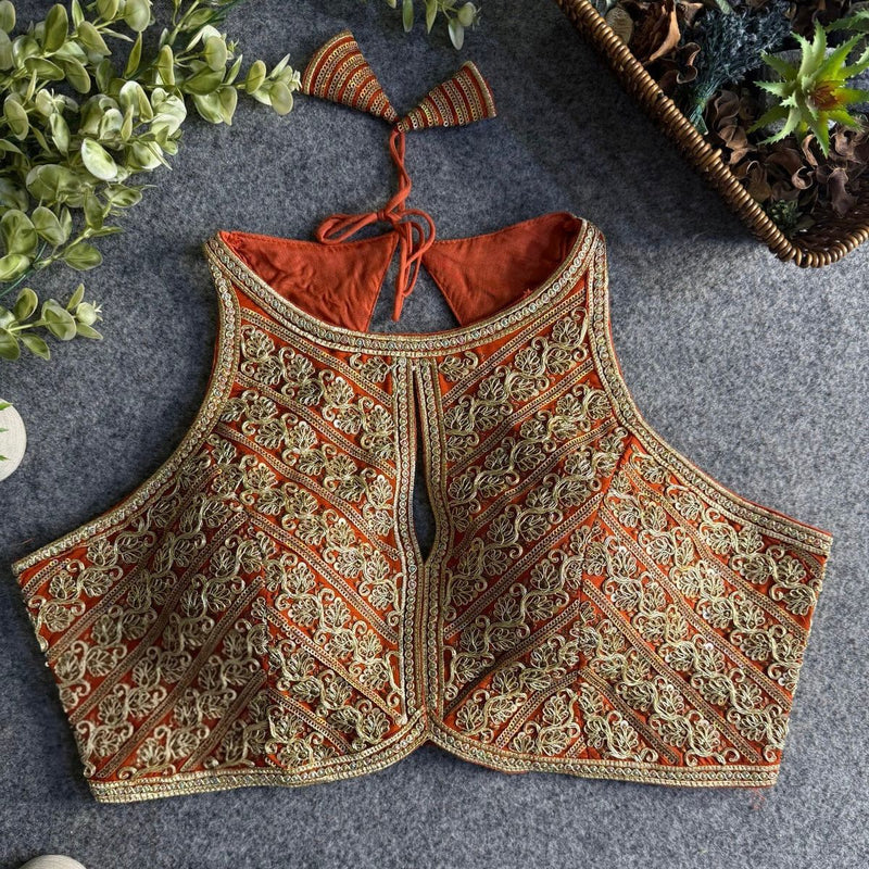 Copper Halter Neck Partywear Blouse in Roman Silk with Embroidery & Sequins Work