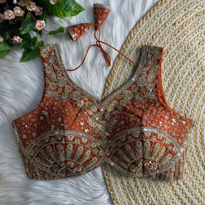 Copper Jari & Sequins Work Bridal Blouse in Roman Silk with Embroidery