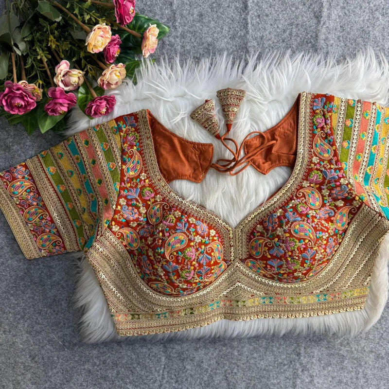 Copper Sabyasachi Style Heavy Kashmiri Thread & Cording Work Fox Georgette Blouse for Women