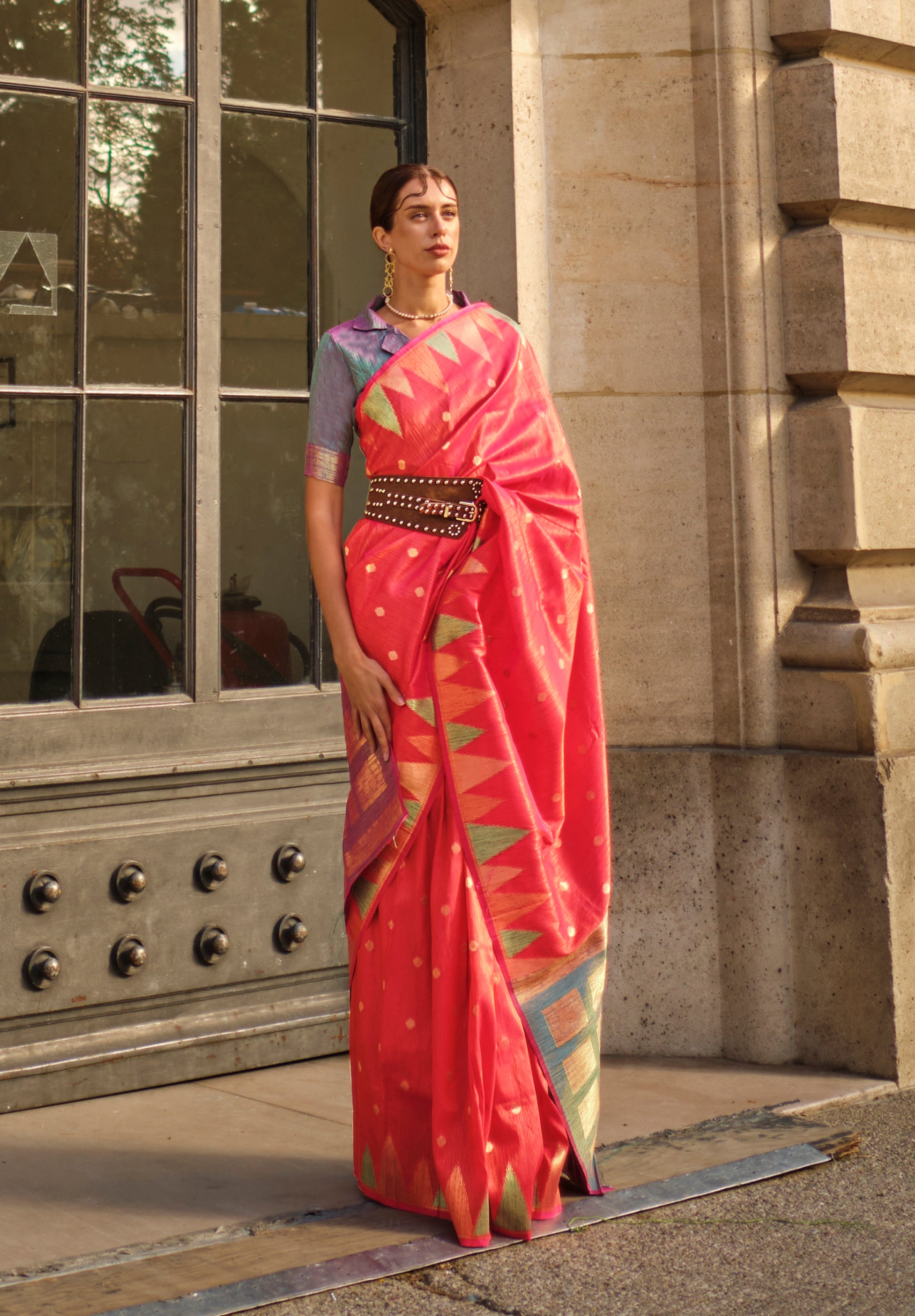 Coral Red Silk Saree With Jacquard Woven