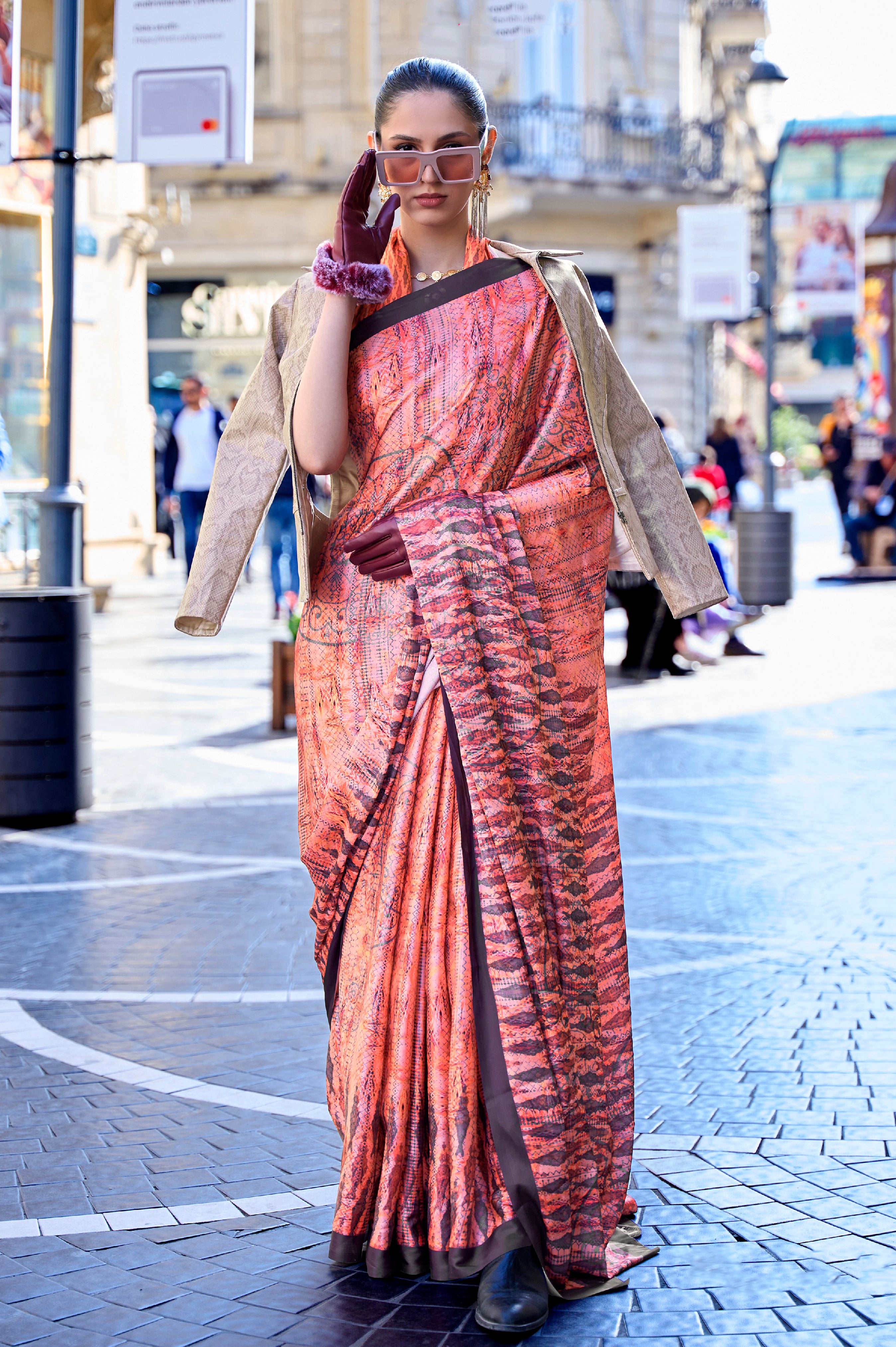 Coral Satin Crape Saree With Digital Print