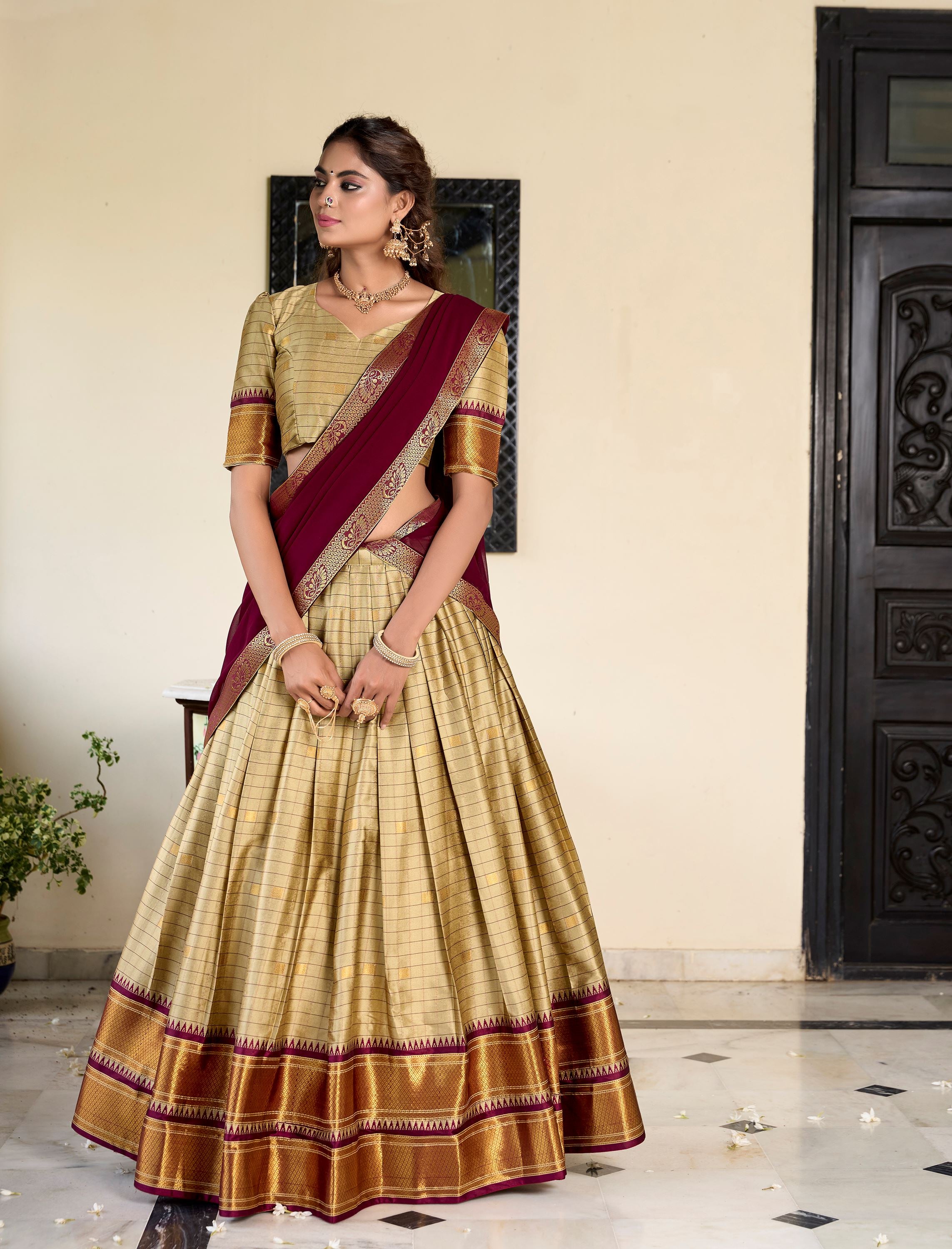 Cotton Silk Chiku Lehenga With Traditional Paithani Weave Detailing