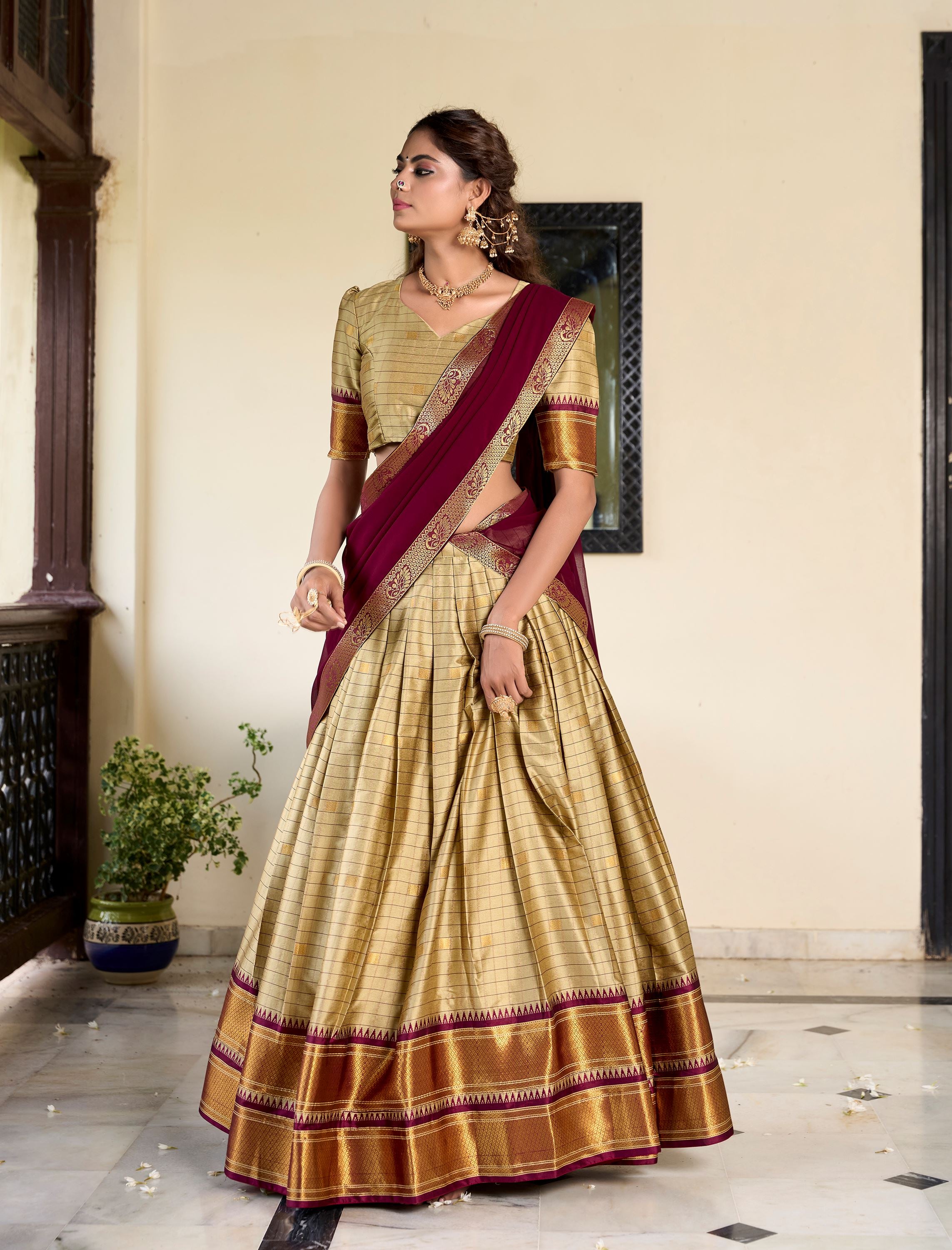 Cotton Silk Chiku Lehenga With Traditional Paithani Weave Detailing