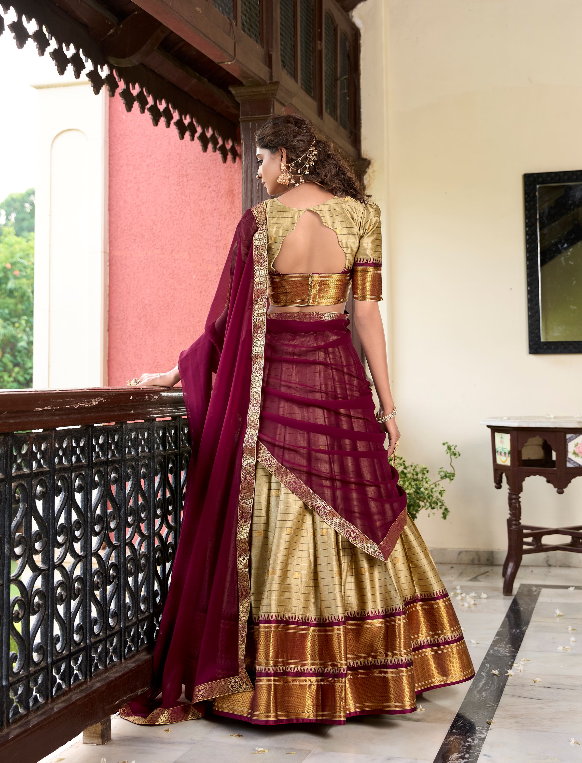 Cotton Silk Chiku Lehenga With Traditional Paithani Weave Detailing