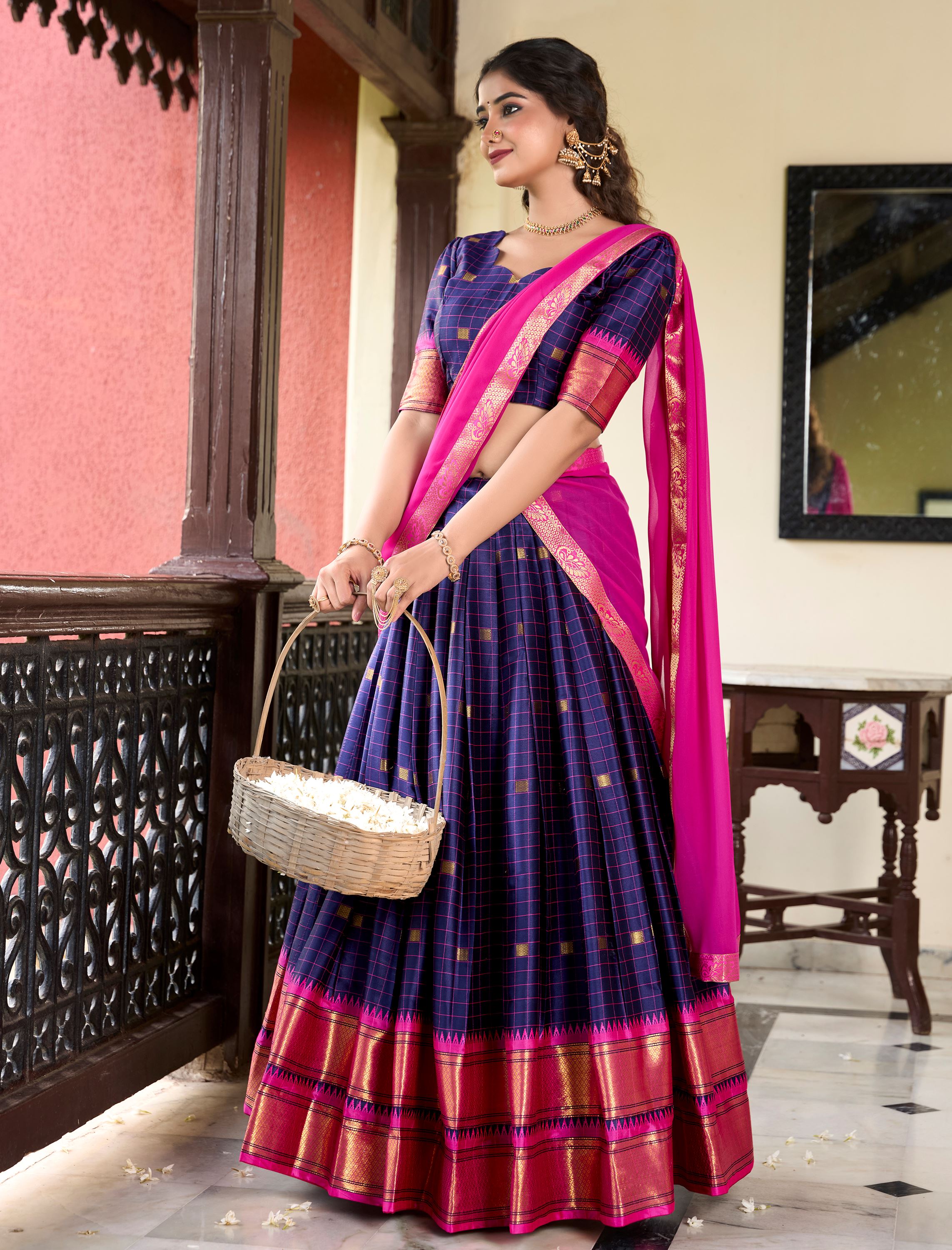 Cotton Silk Navy Blue Lehenga With Traditional Paithani Weave Detailing