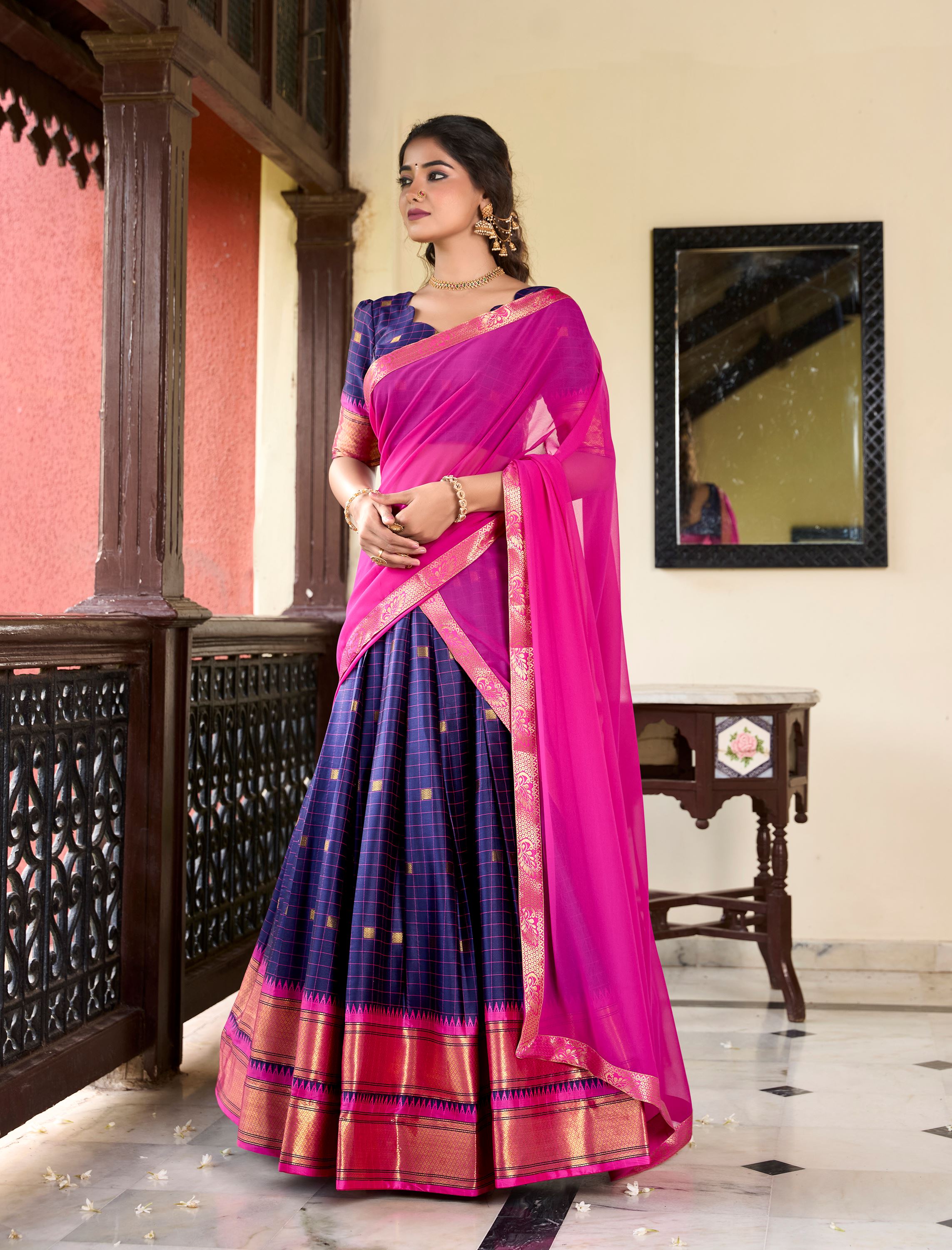 Cotton Silk Navy Blue Lehenga With Traditional Paithani Weave Detailing