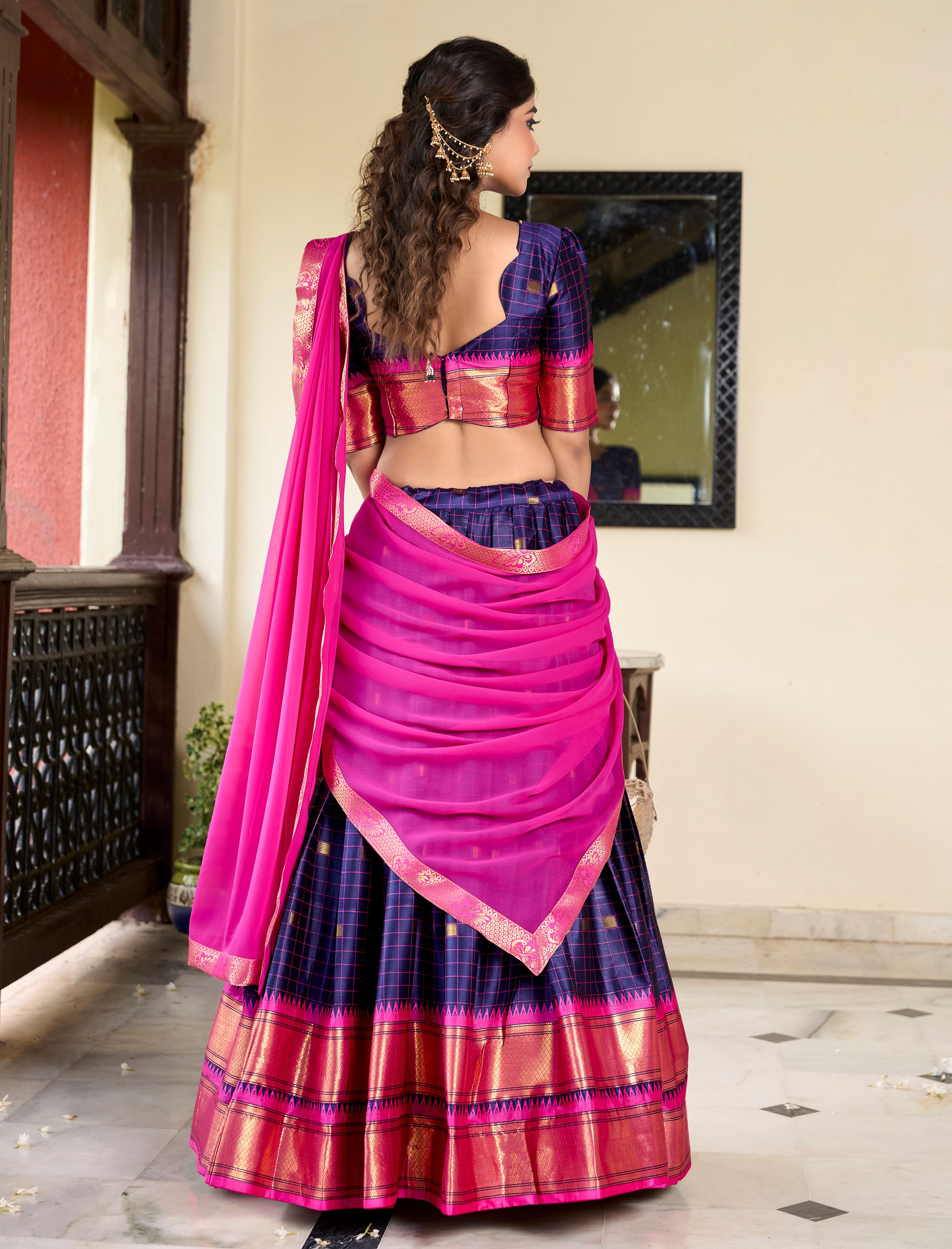 Cotton Silk Navy Blue Lehenga With Traditional Paithani Weave Detailing