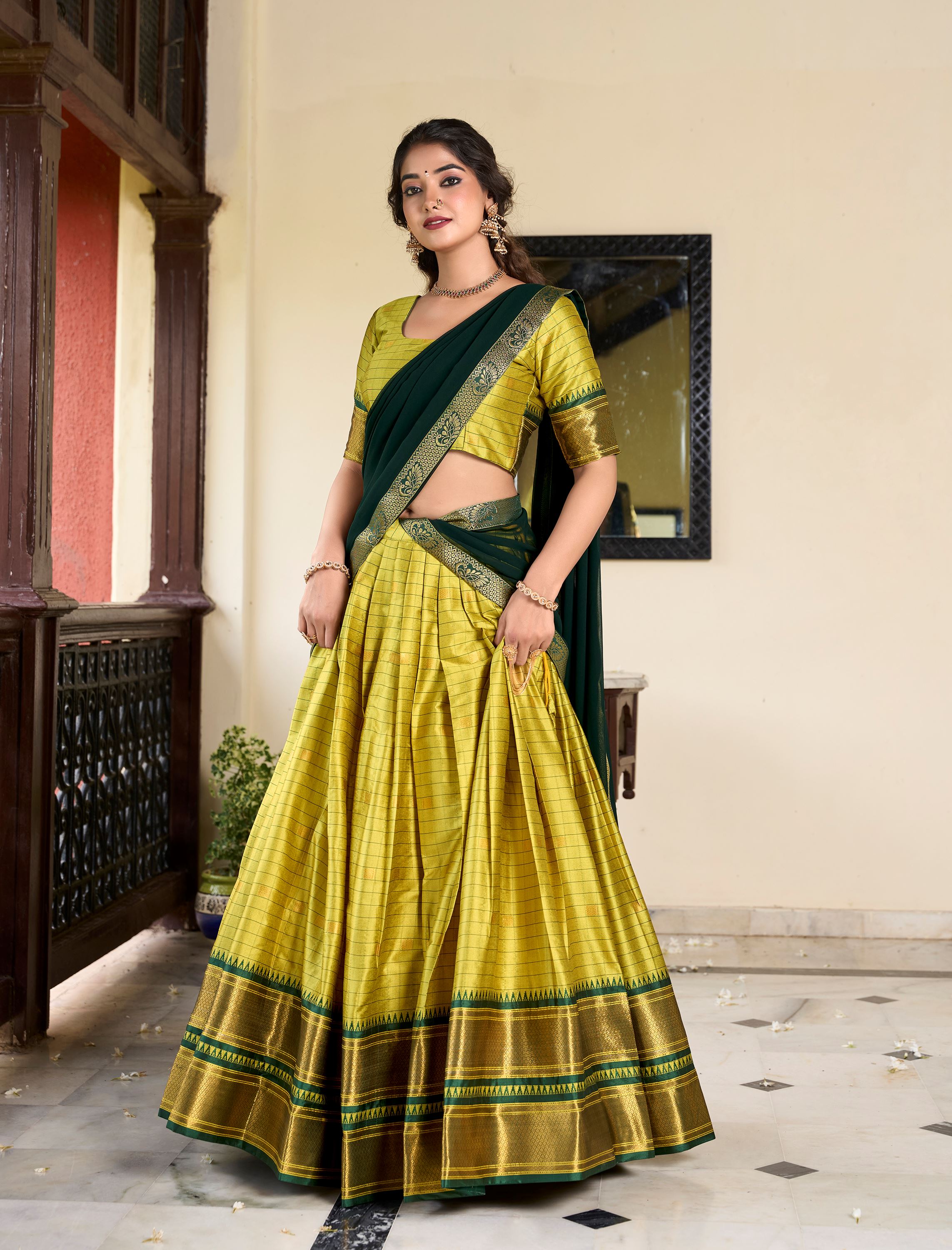 Cotton Silk Parrot Lehenga With Traditional Paithani Weave Detailing