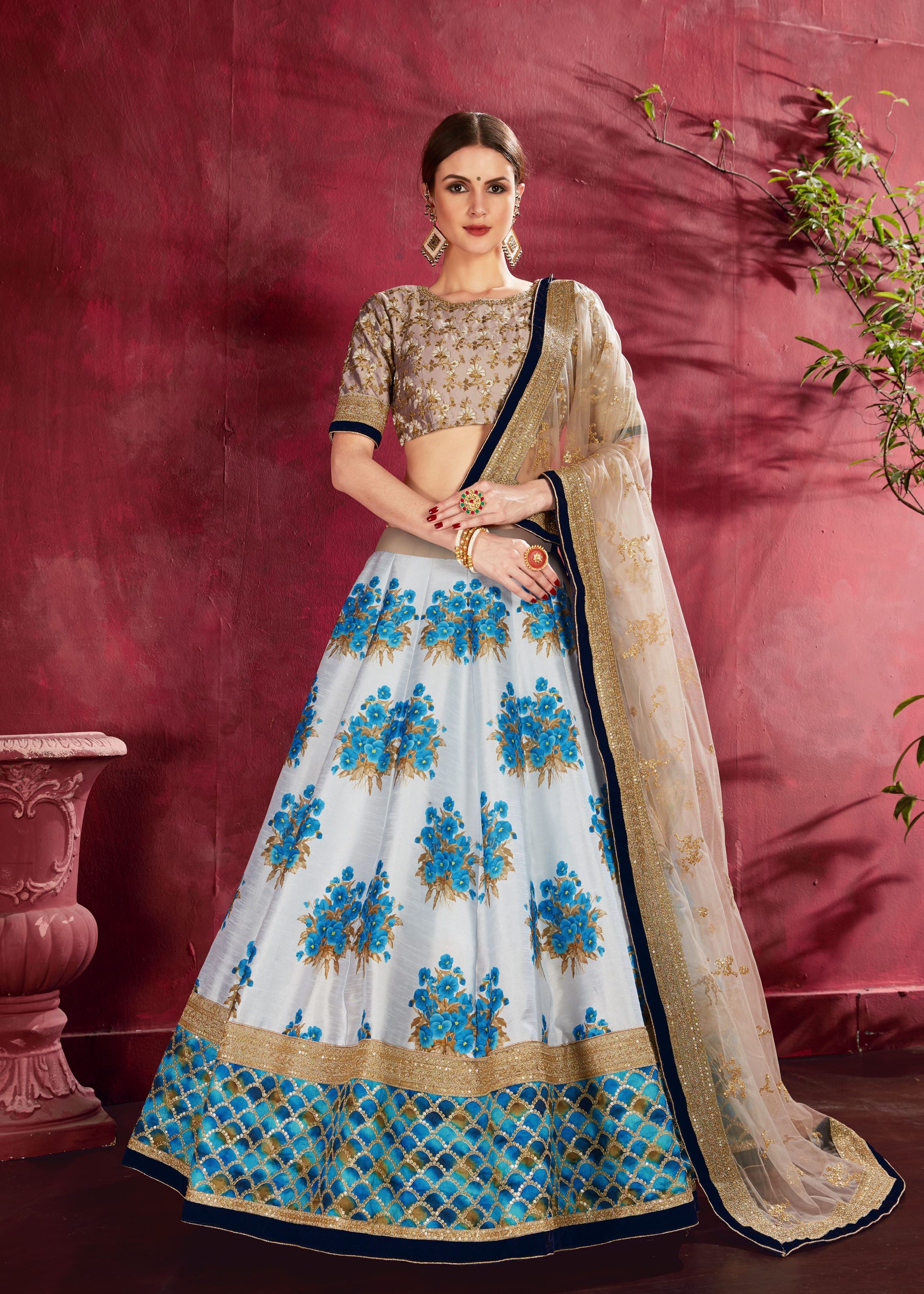 Cream-Beige Lehenga Choli With Floral Print, Dori, Zari And Sequins Embroidery