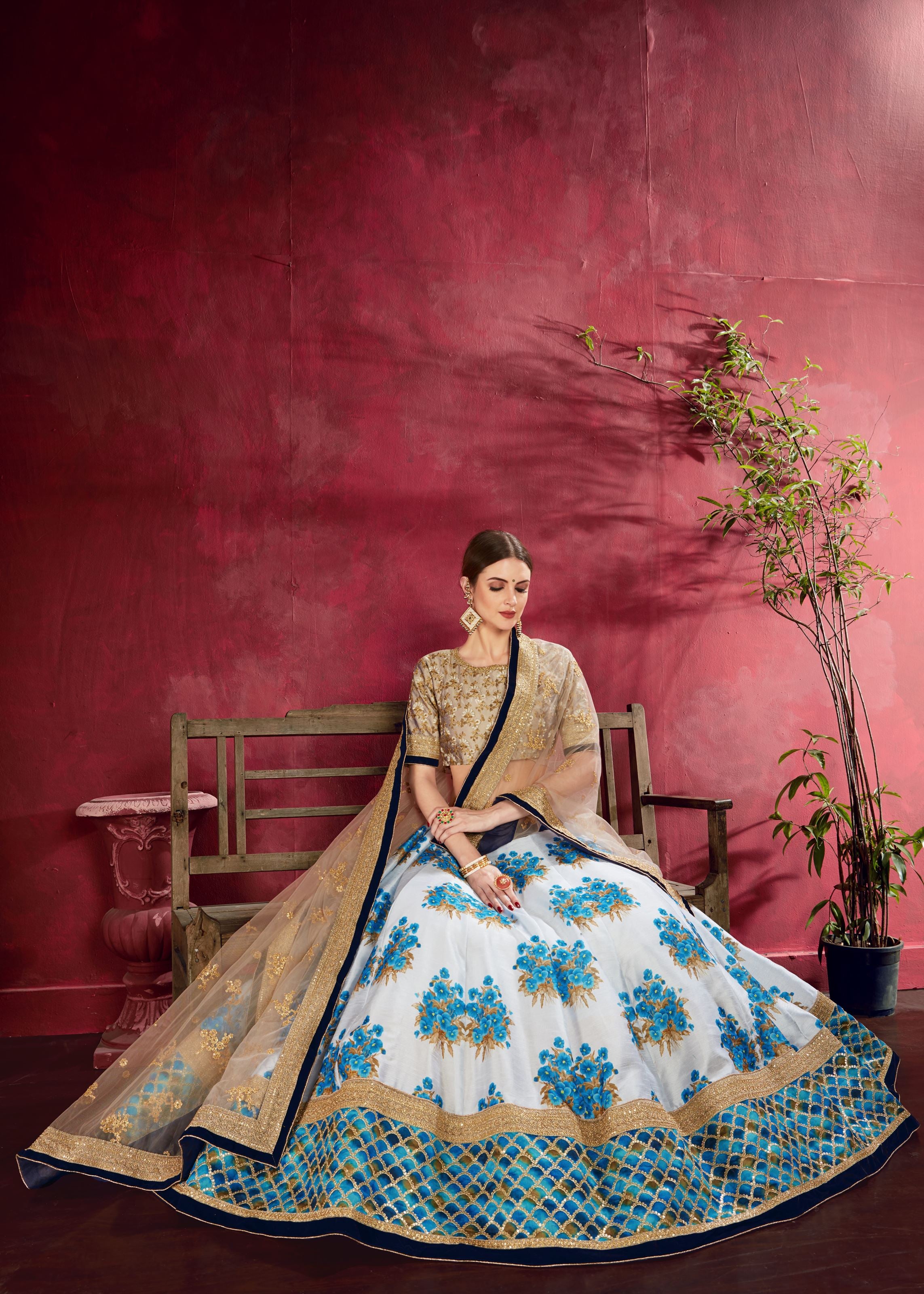 Cream-Beige Lehenga Choli With Floral Print, Dori, Zari And Sequins Embroidery