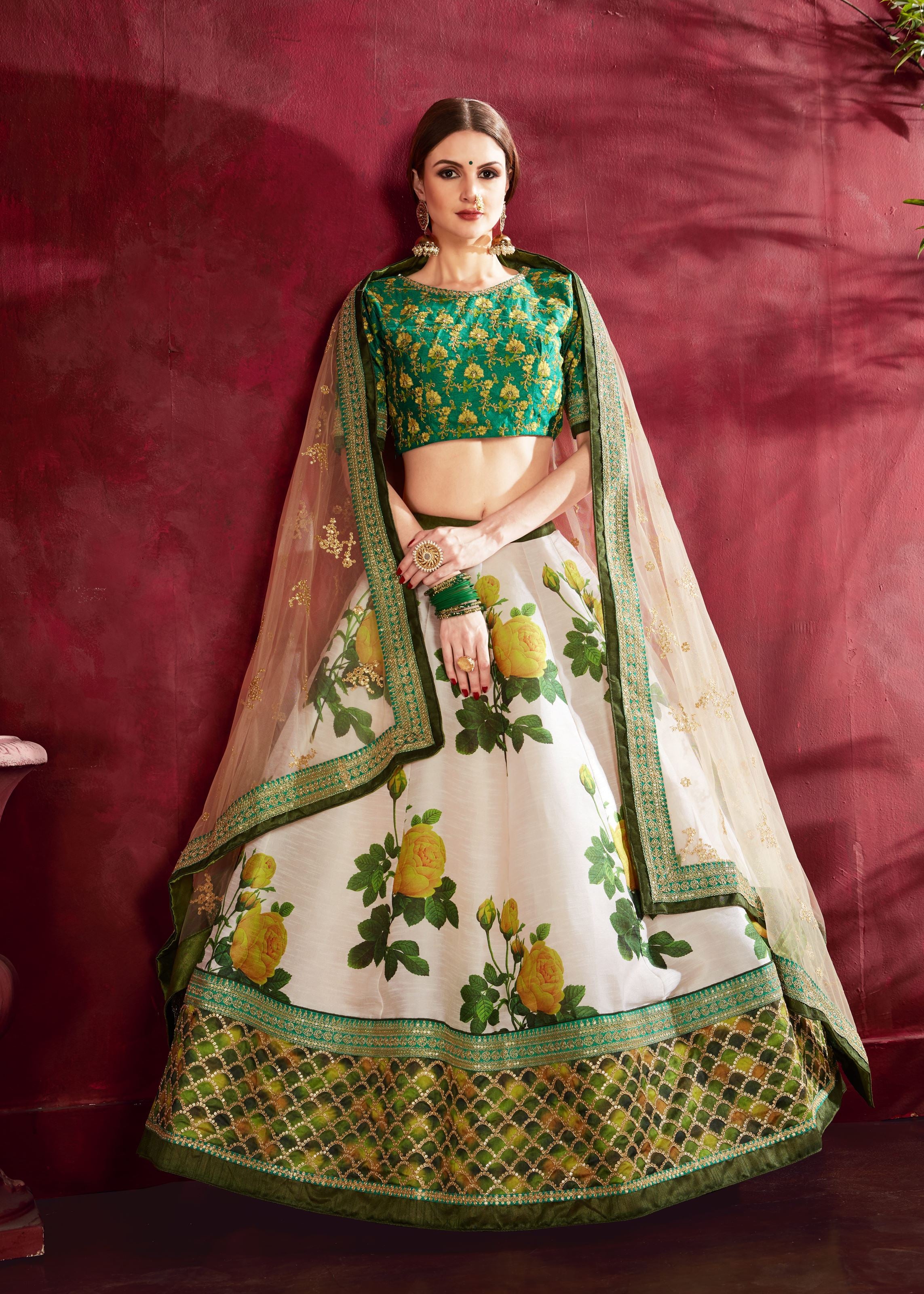 Cream-Green Lehenga Choli With Floral Print, Dori, Zari And Sequins Embroidery