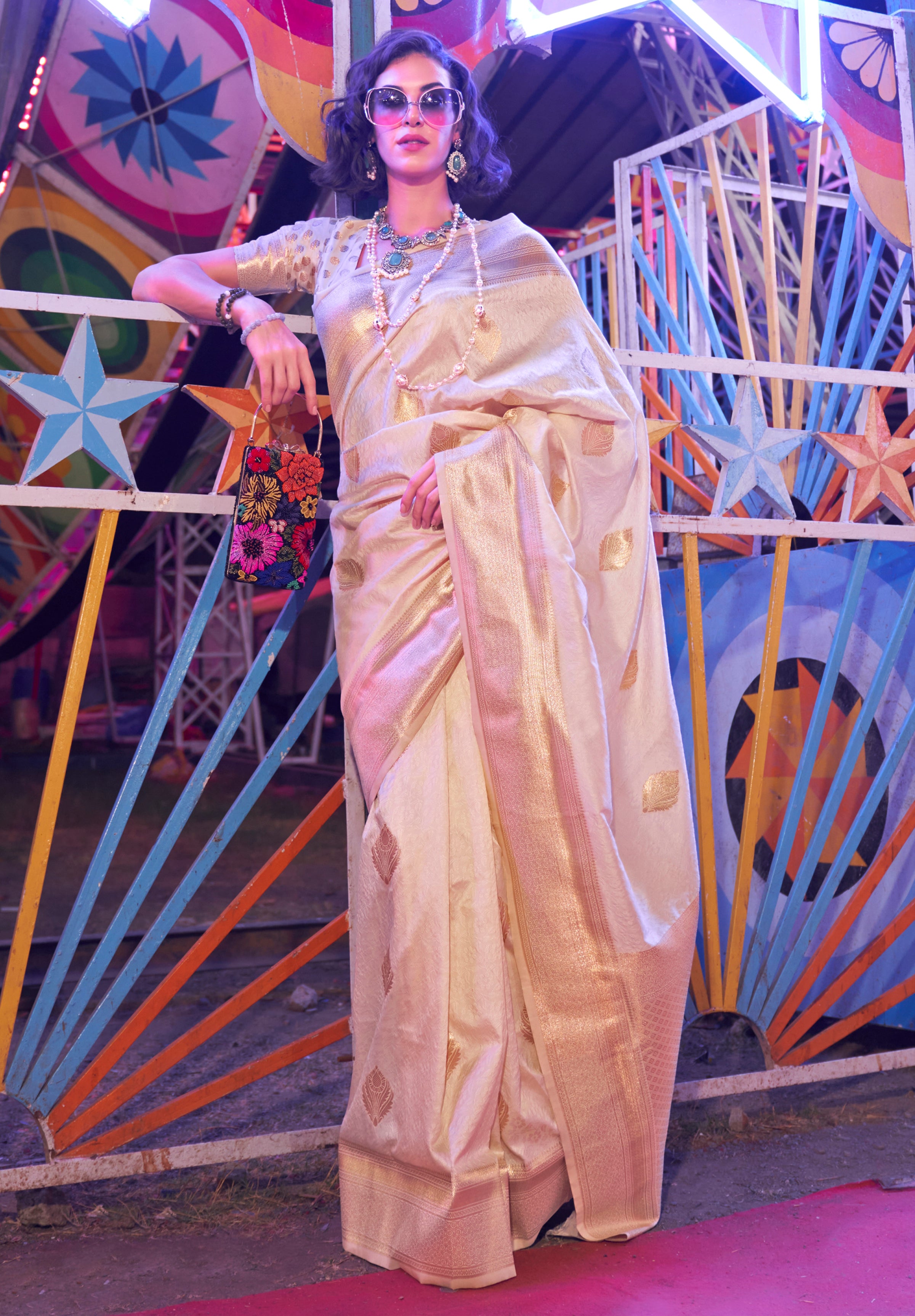 Cream Banarasi Silk Saree With  Jacquard Woven Work