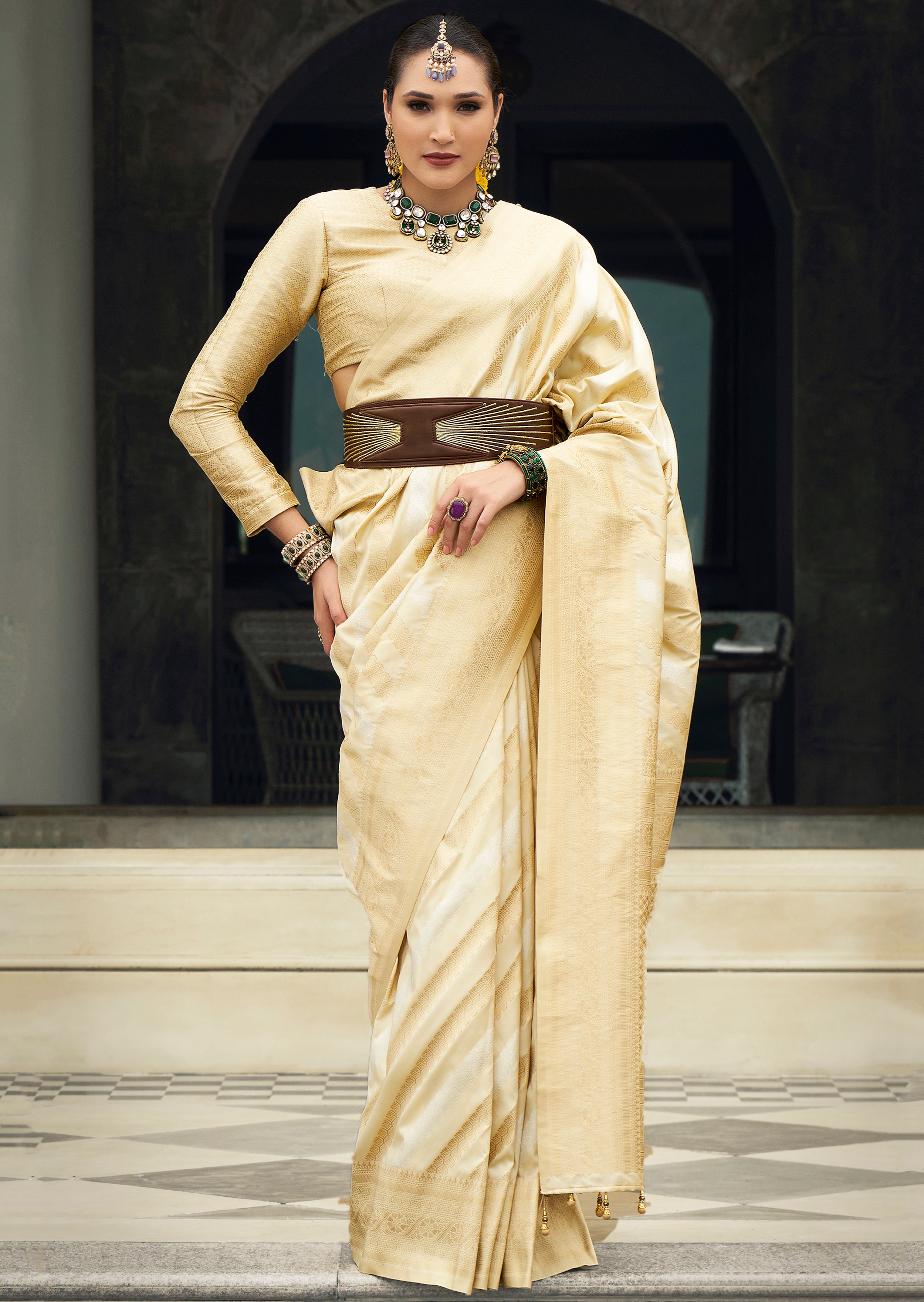 Cream Banarasi Silk Saree With  Jacquard Woven Work