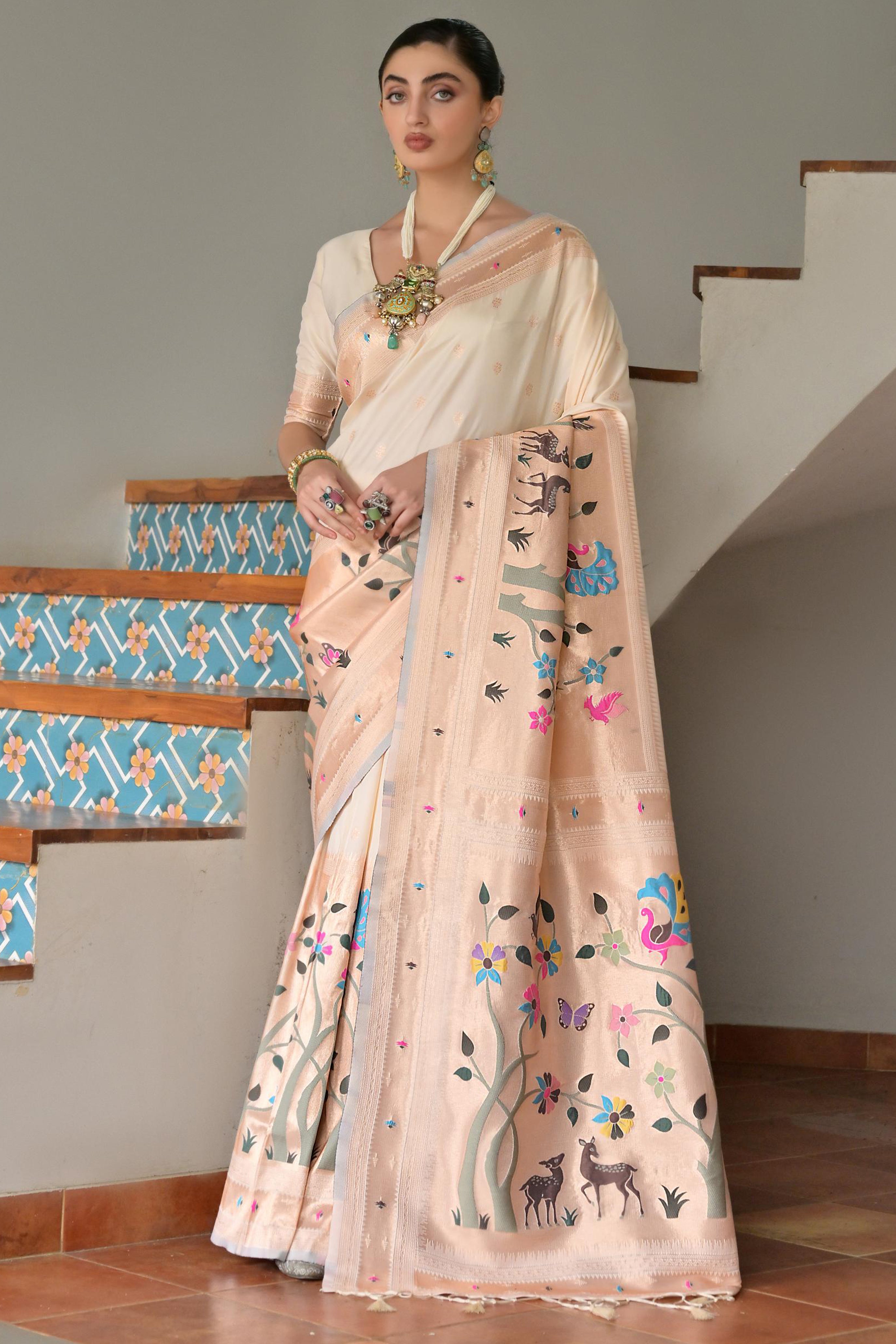 Cream Banarasi Silk Saree with Elegant Paithani Woven Work