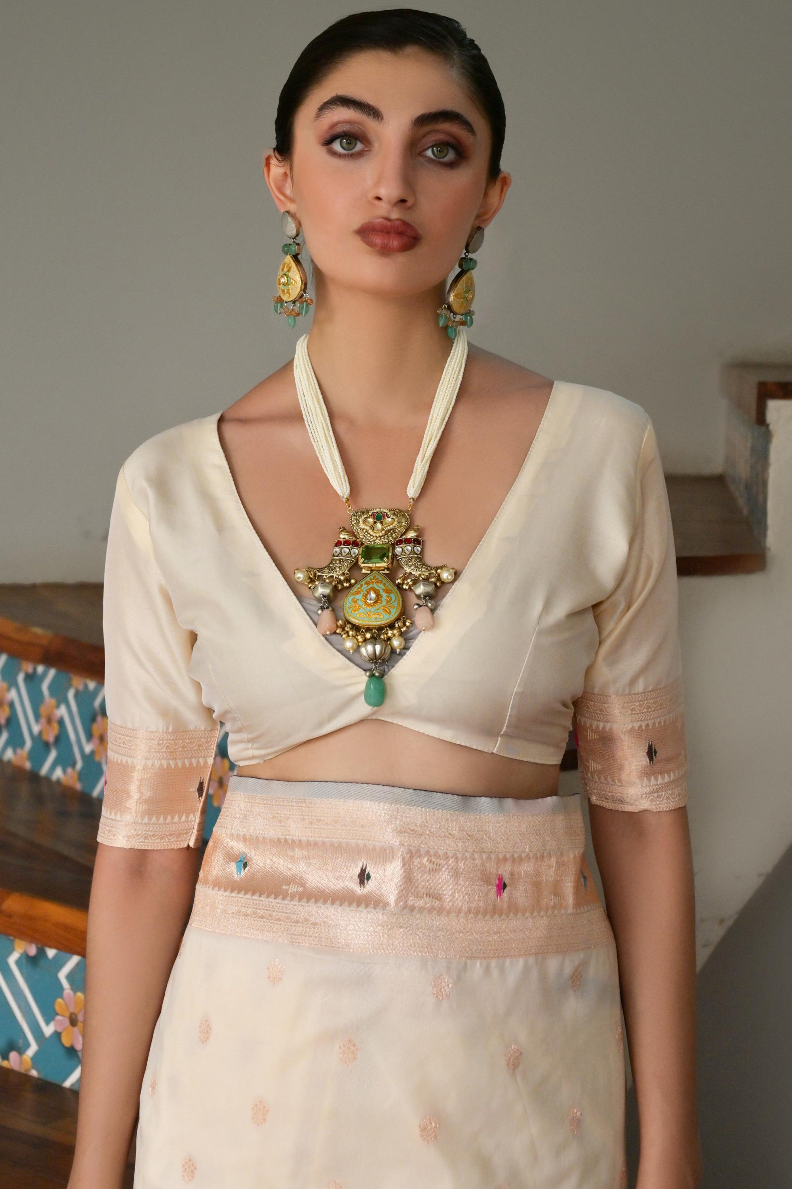 Cream Banarasi Silk Saree with Elegant Paithani Woven Work