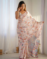 Cream Beautiful Chinon Fabric Digital Printed Saree With Mirror Cut Work