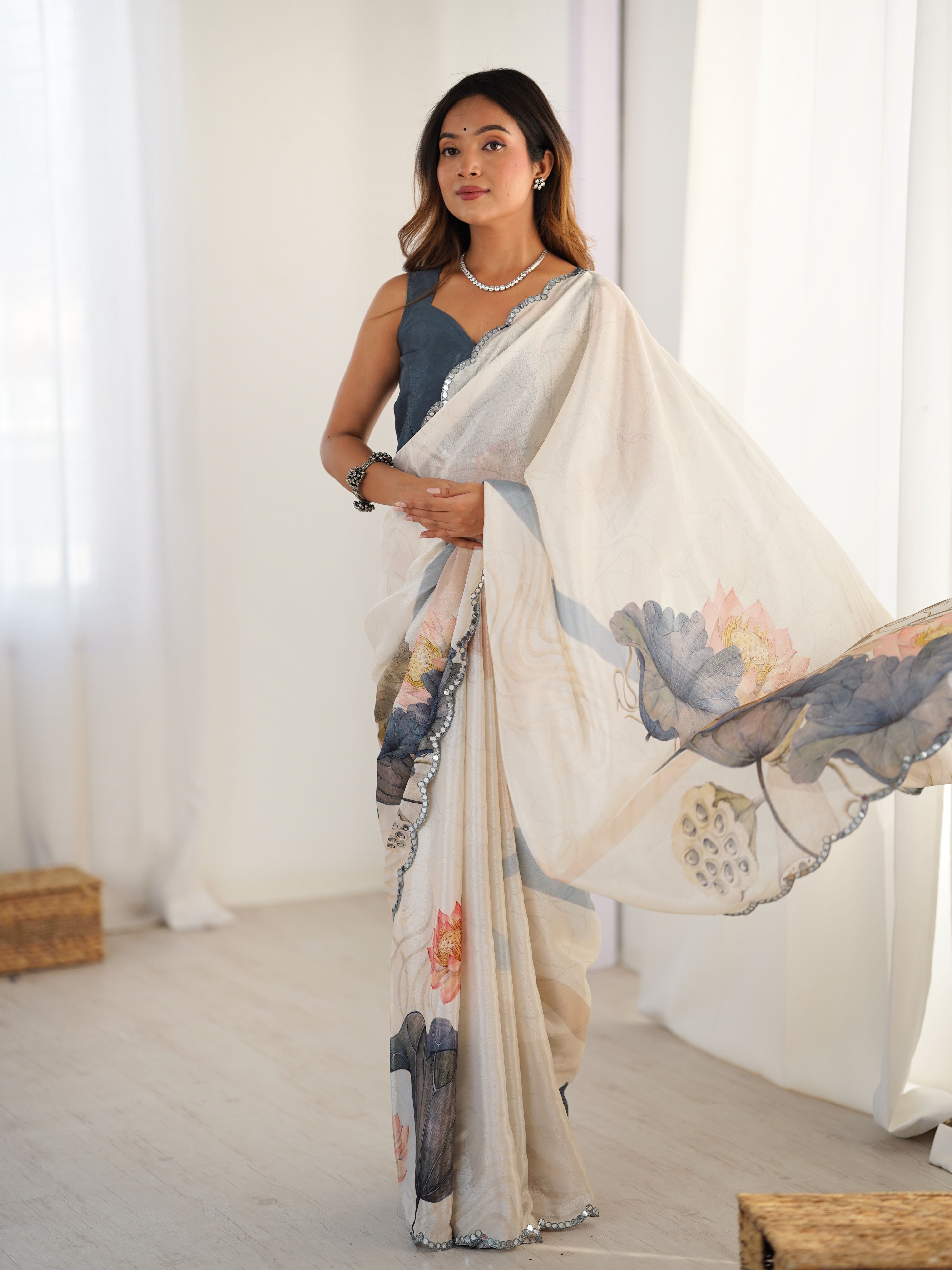 Cream Beautiful Chinon Smart Printed Festive Wear Ceremonial Saree