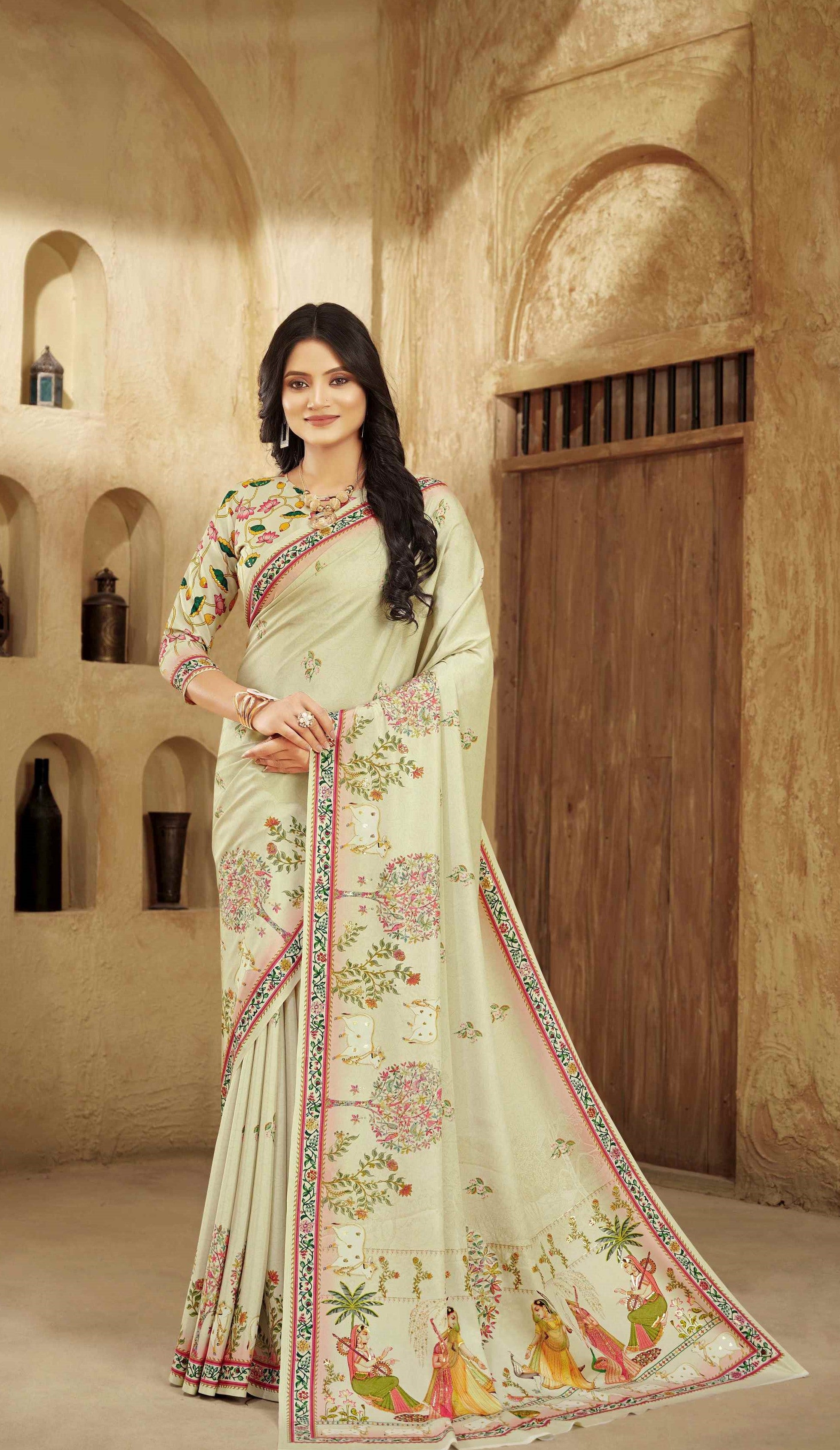 Cream Beautiful Designer Position Digital Foil Printed Crepe Silk Designer Partywear Saree