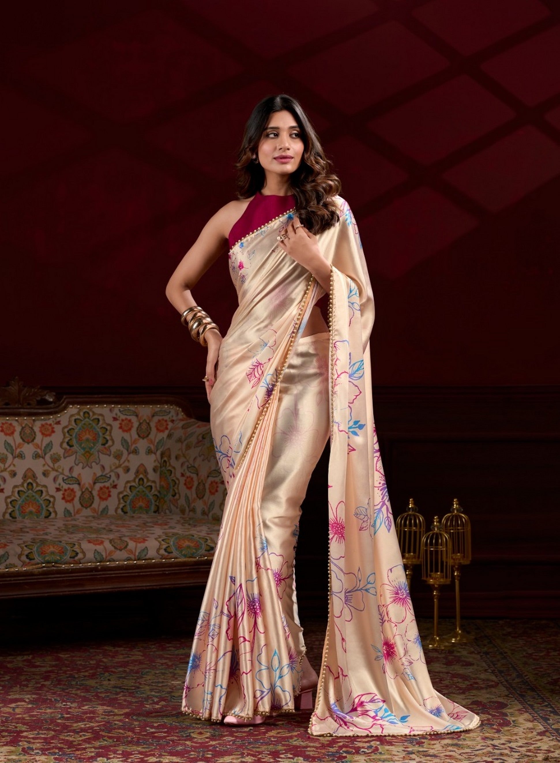 Cream Beautiful Floral Printed Japan Satin Silk Graceful Evening Party Saree
